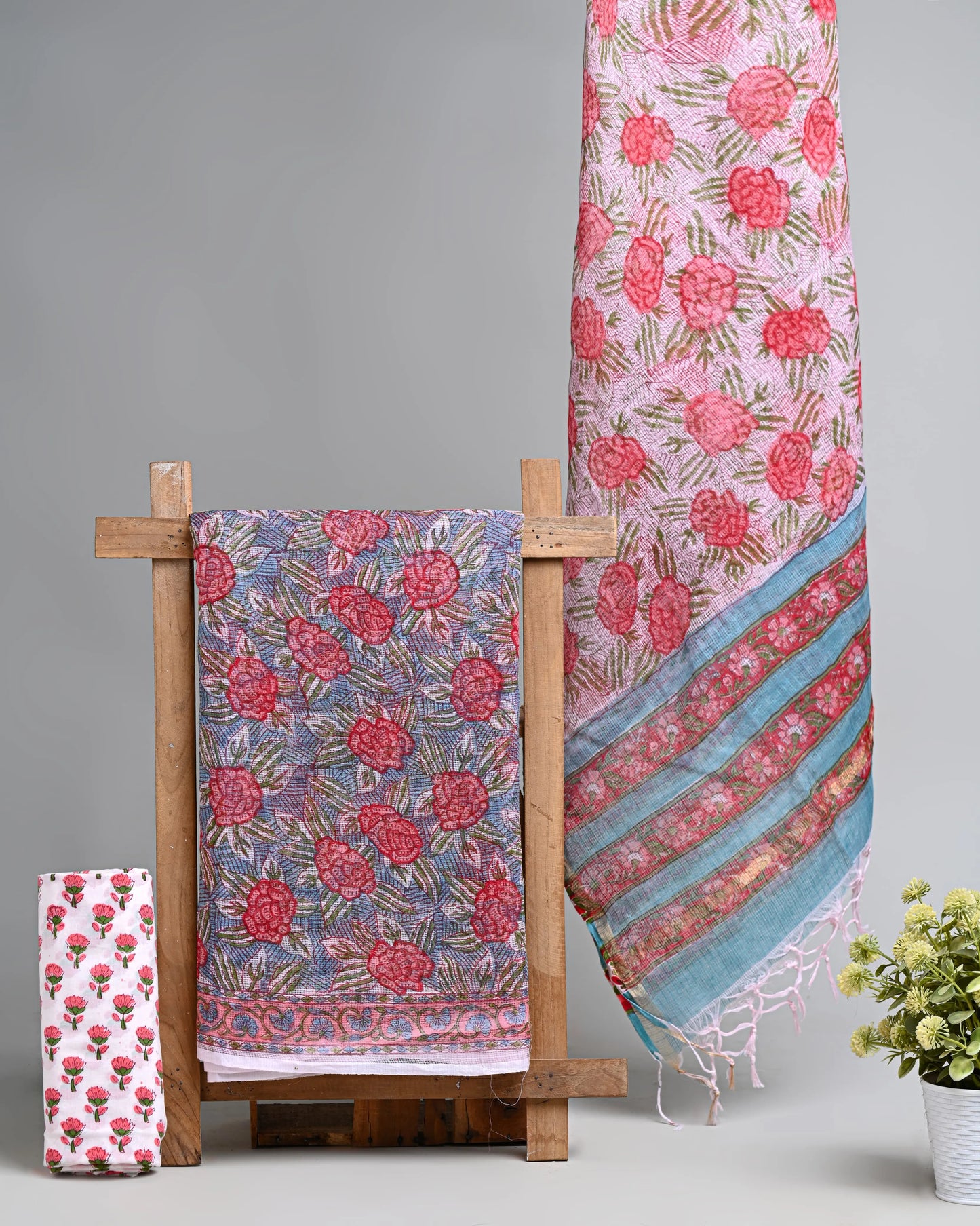 Hand block printed kota doriya suit with kota doriya duppta