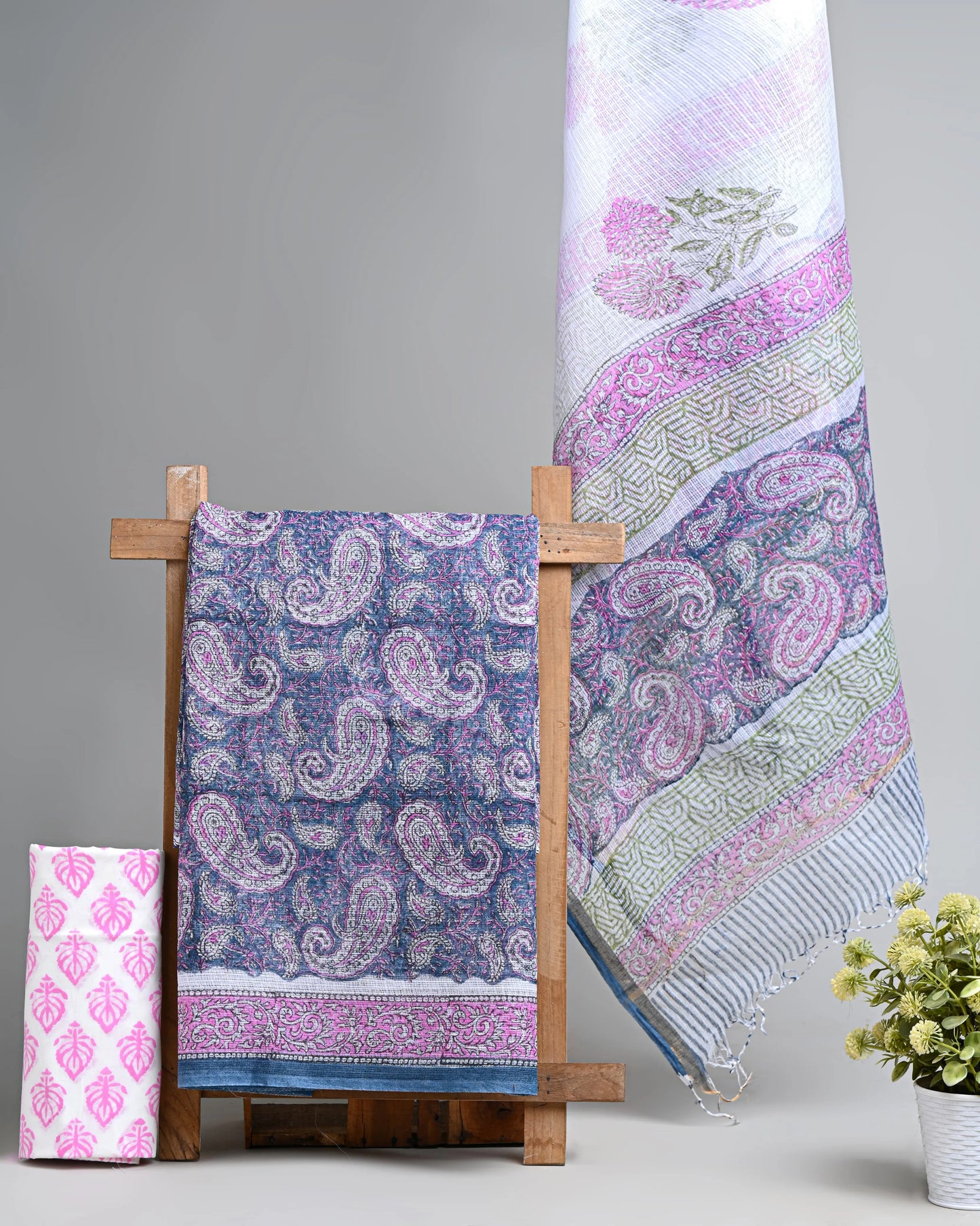 Hand block printed kota doriya suit with kota doriya duppta