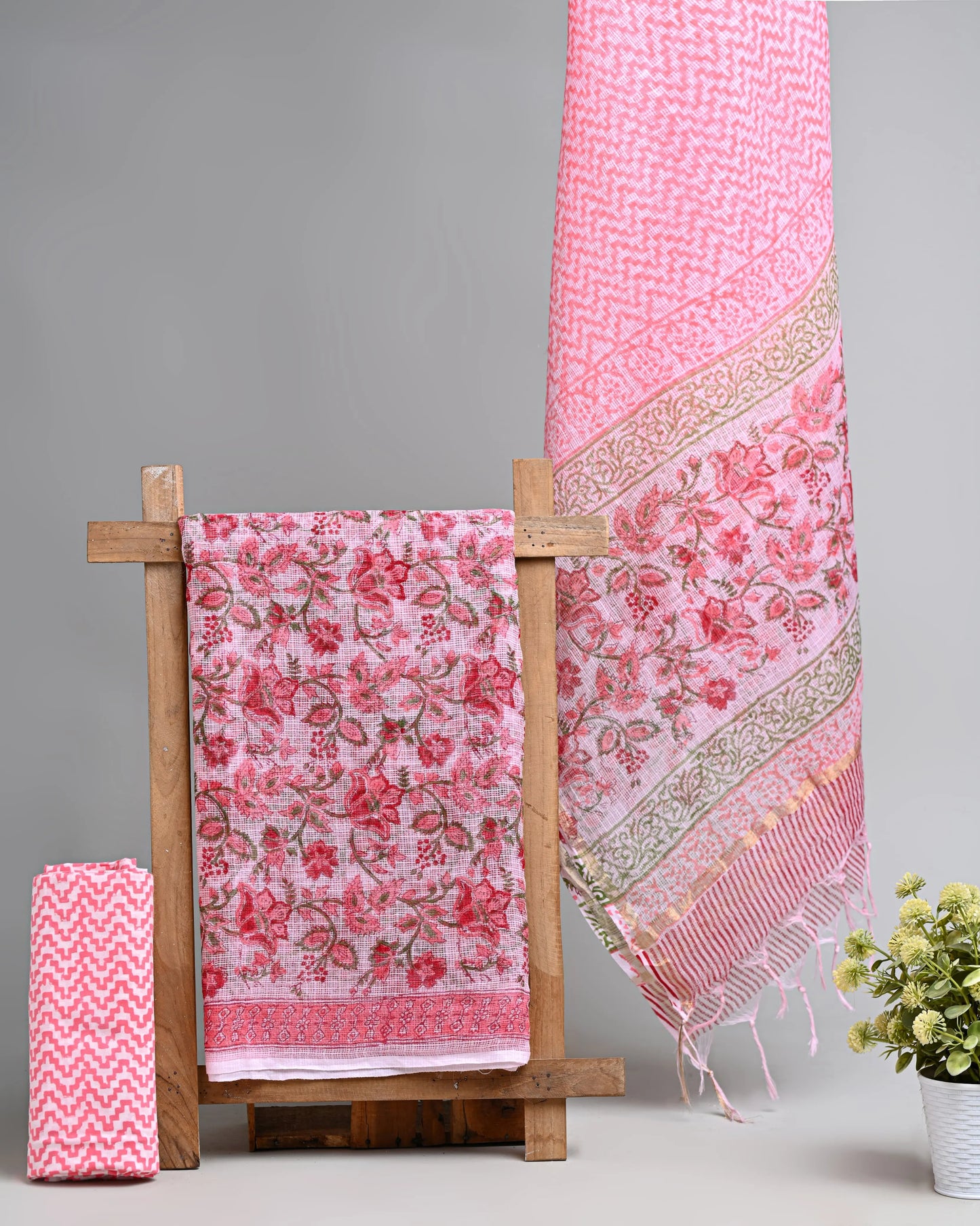 Hand block printed kota doriya suit with kota doriya duppta