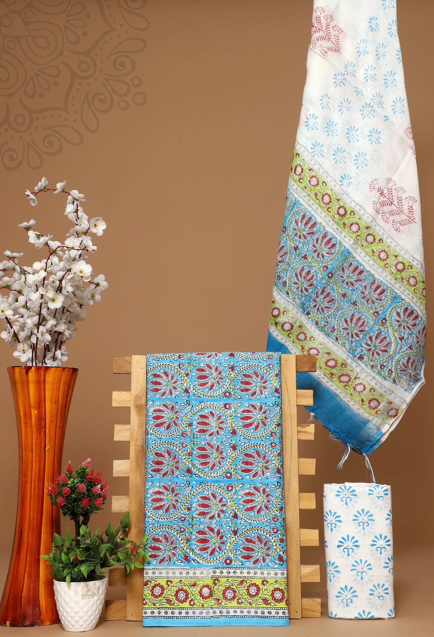 Cotton suit with linen dupatta