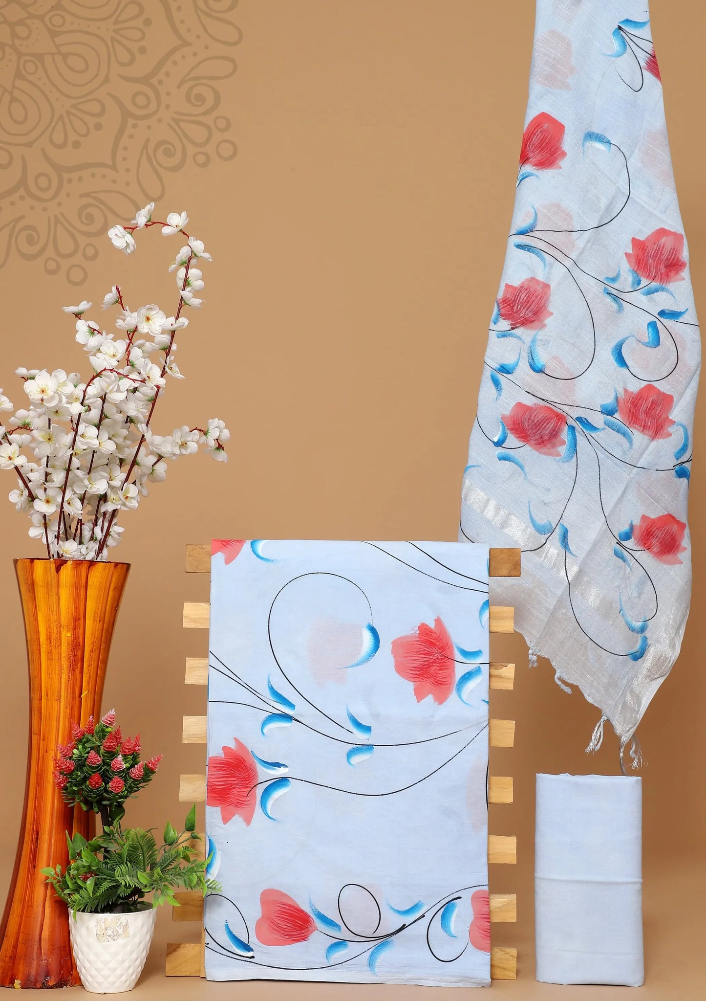 Cotton suit with linen dupatta