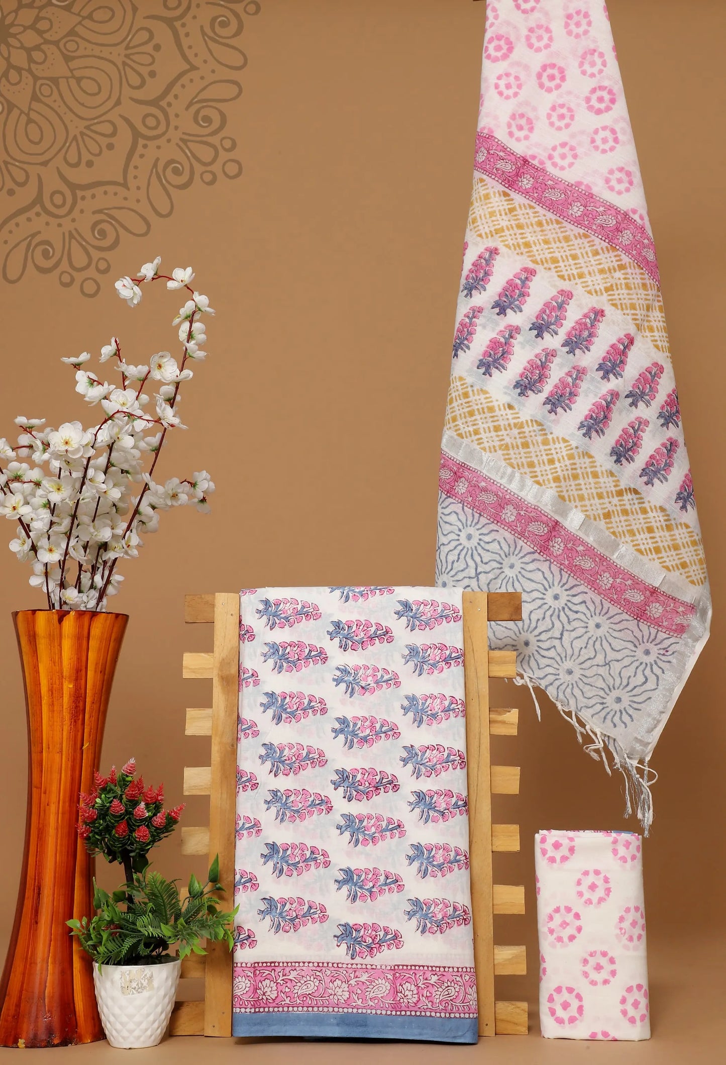 Cotton suit with linen dupatta