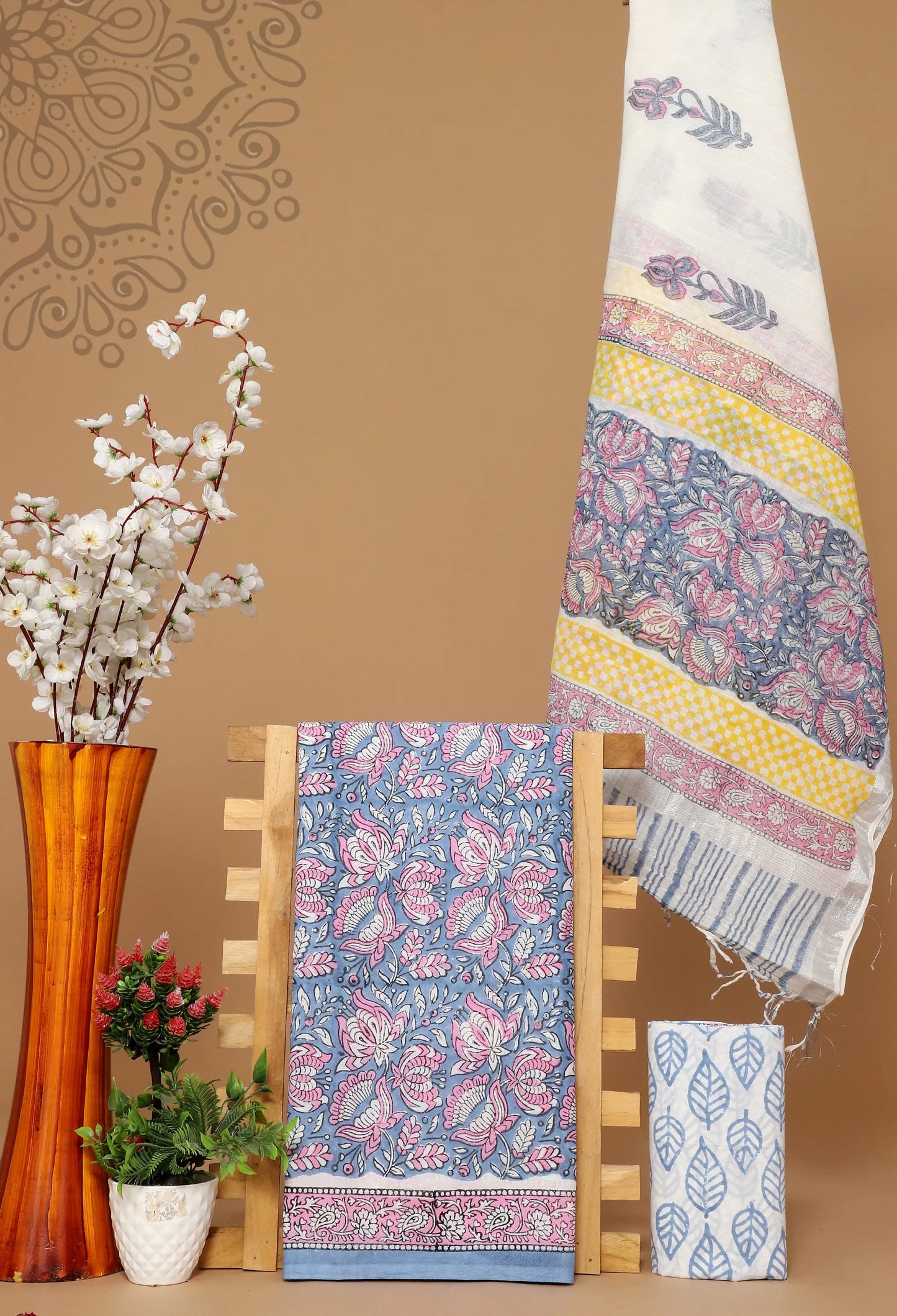 Cotton suit with linen dupatta