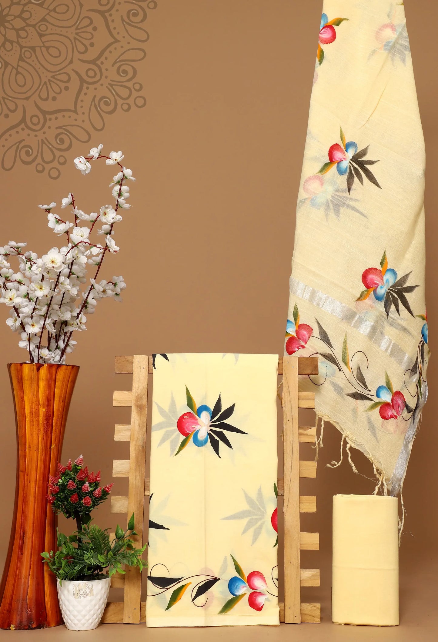 Cotton suit with linen dupatta