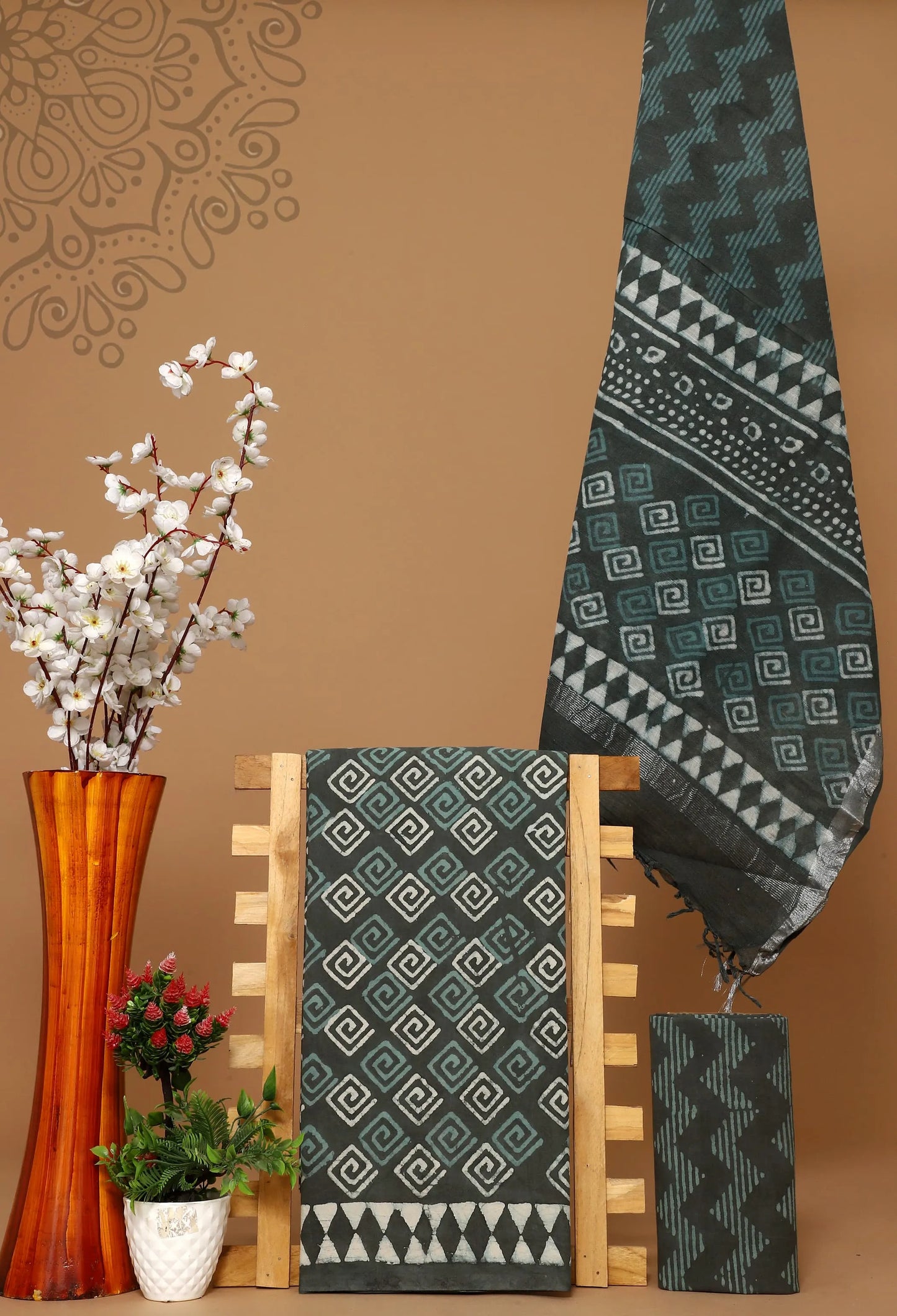 Cotton suit with linen dupatta