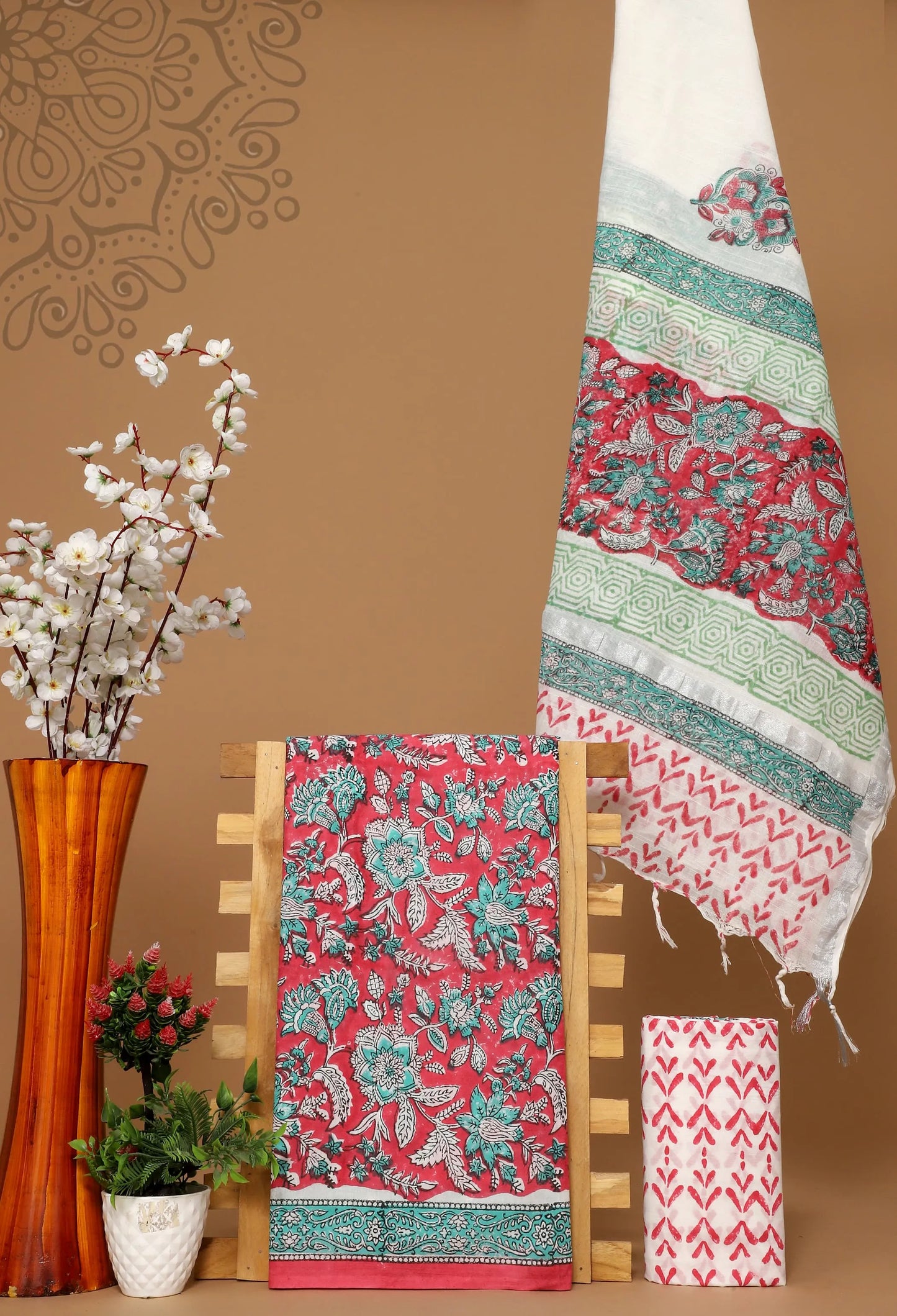 Cotton suit with linen dupatta