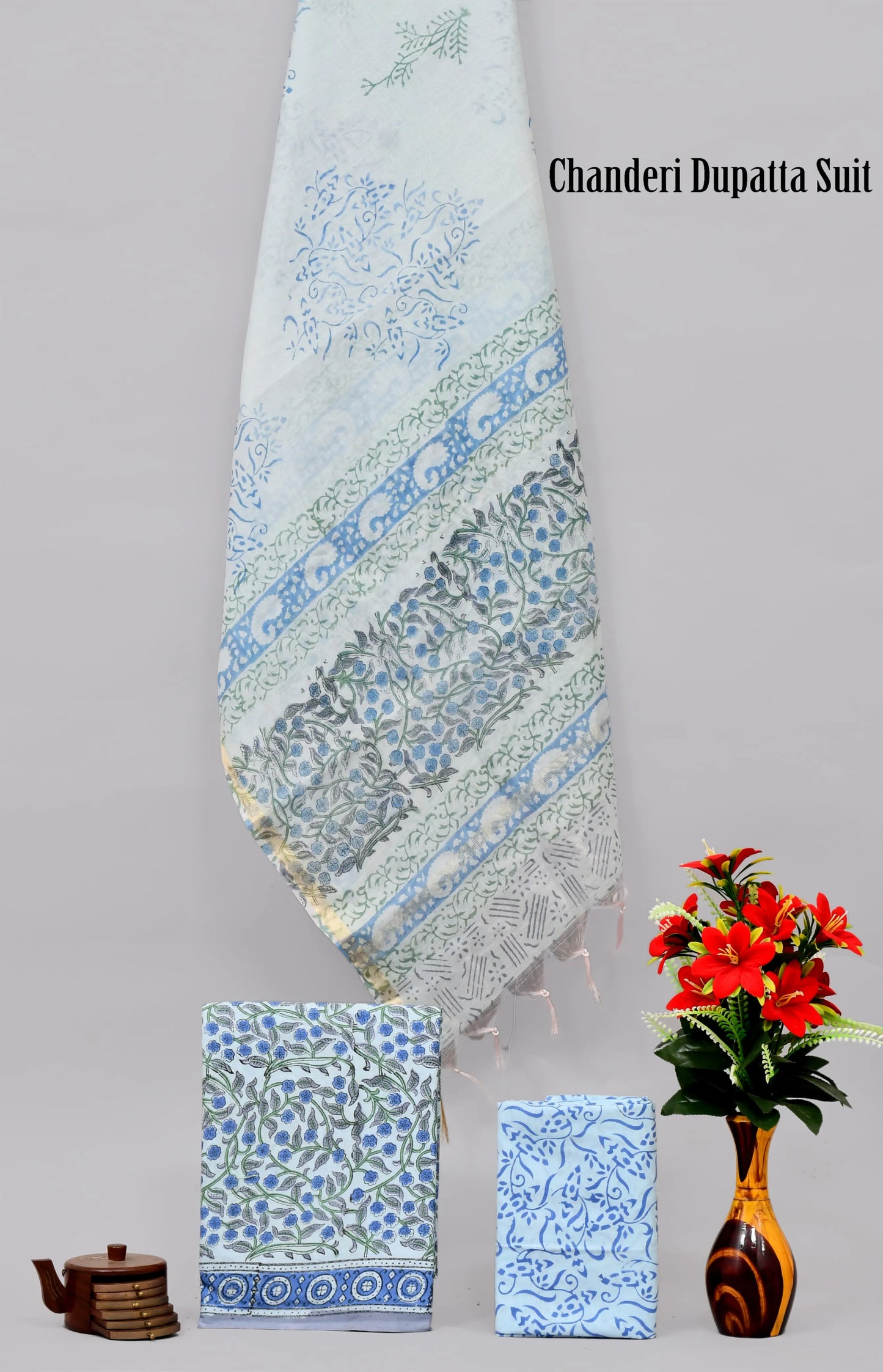 Handblock limited cotton suit with chanderi silk dupatta