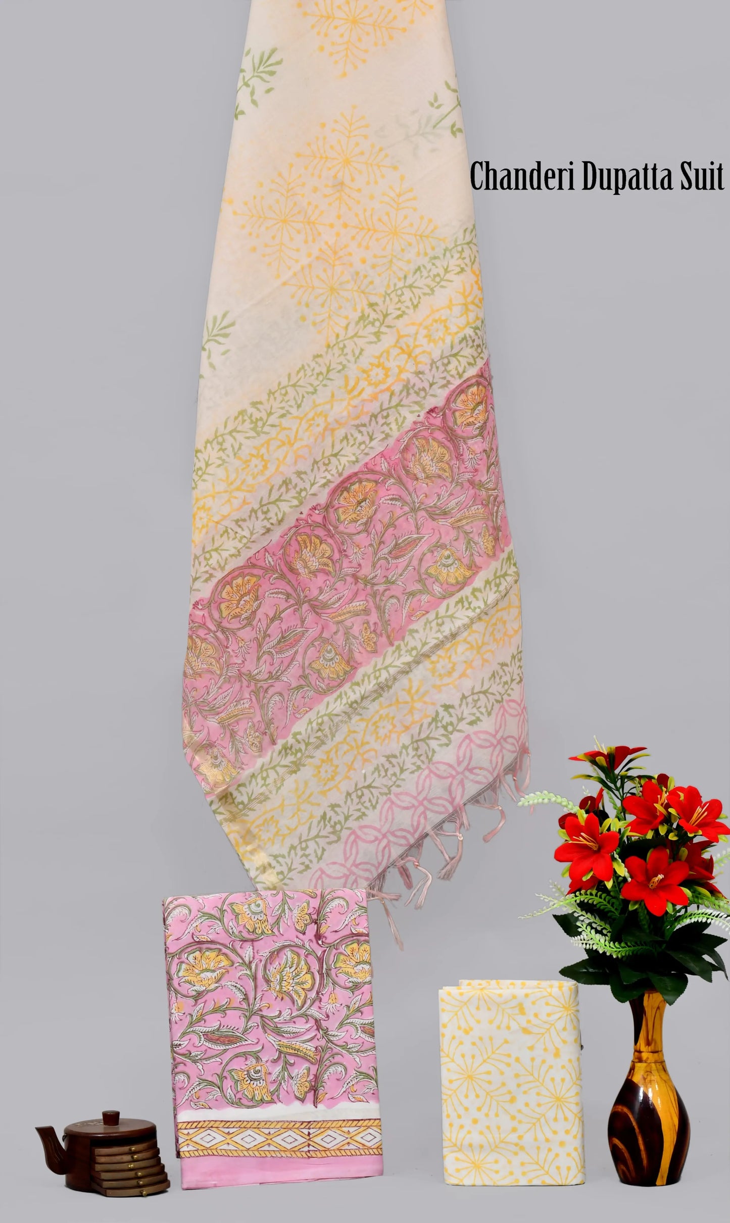 Handgeblockter limitierter Baumwollanzug mit Chanderi-Seidendupatta