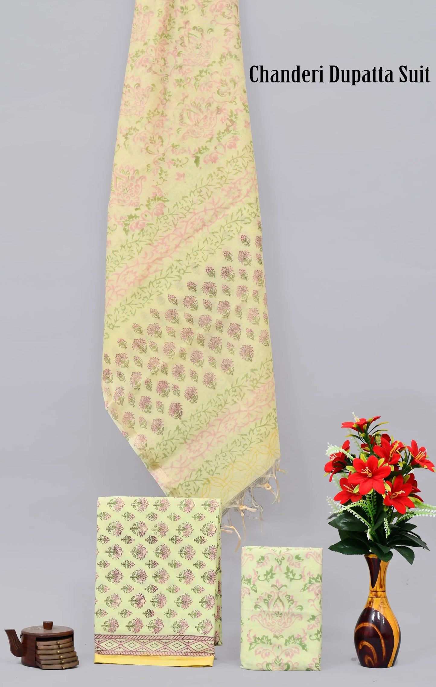 Handgeblockter limitierter Baumwollanzug mit Chanderi-Seidendupatta