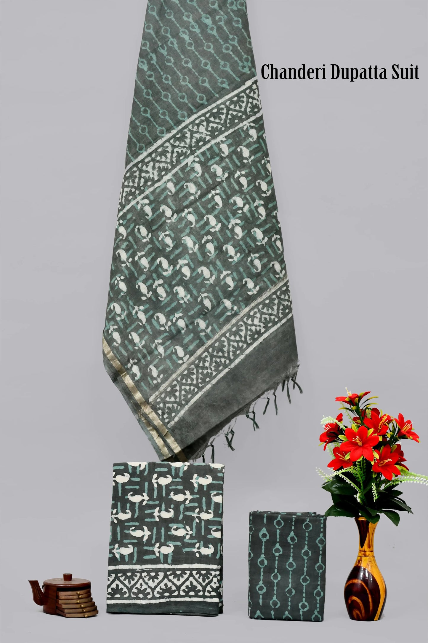 Handblock limited cotton suit with chanderi silk dupatta