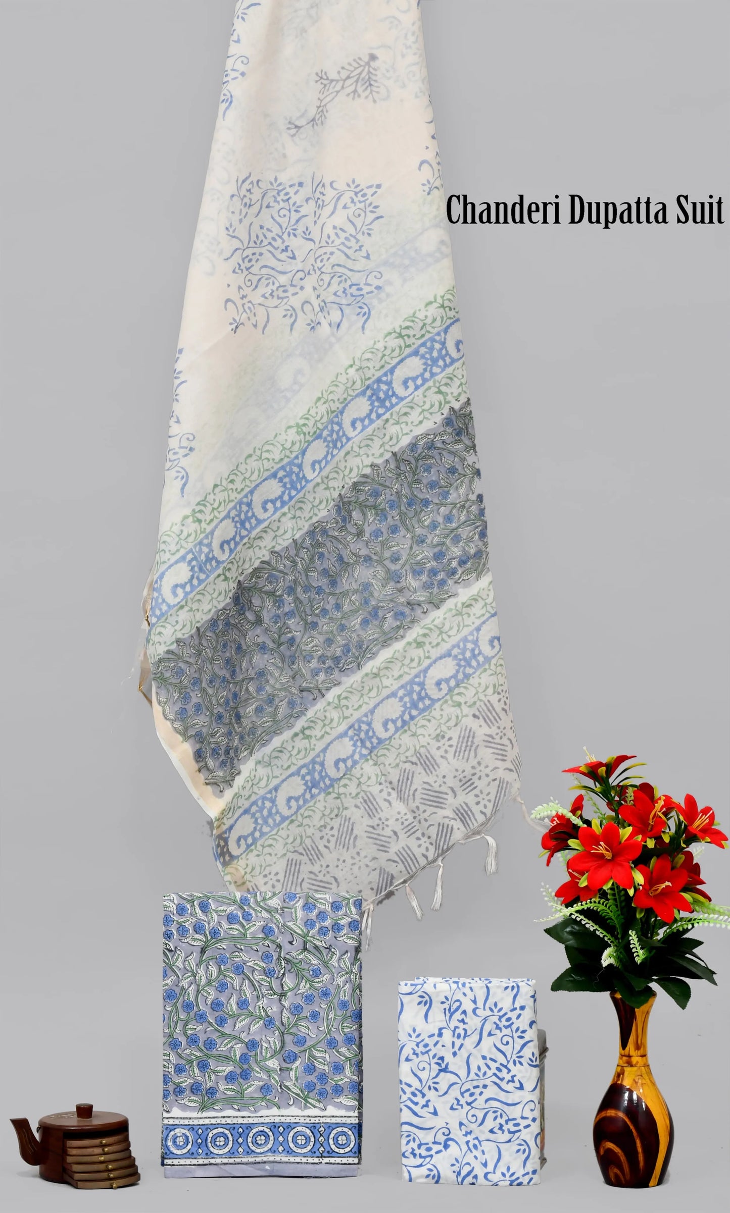 Handblock limited cotton suit with chanderi silk dupatta