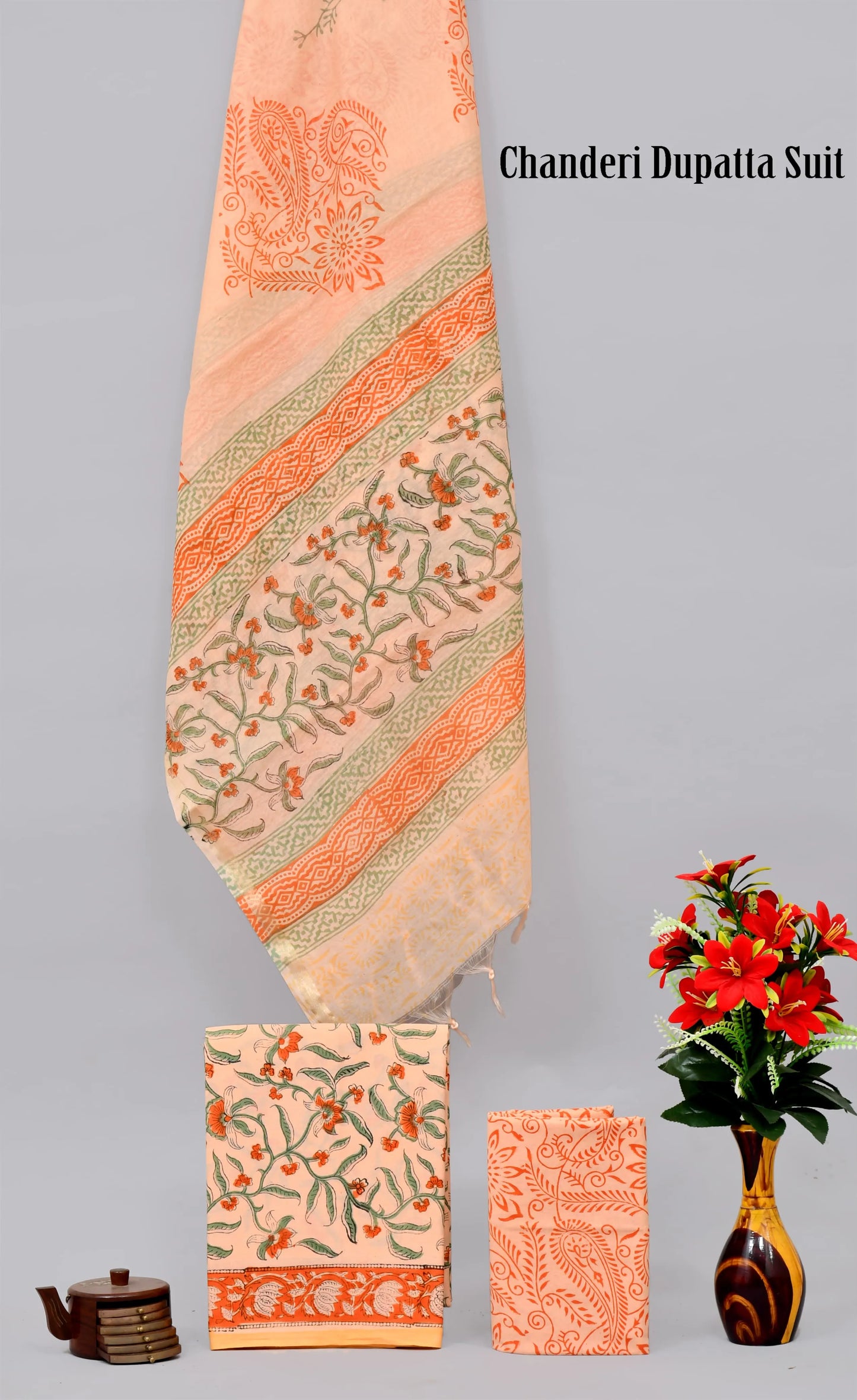 Handblock limited cotton suit with chanderi silk dupatta