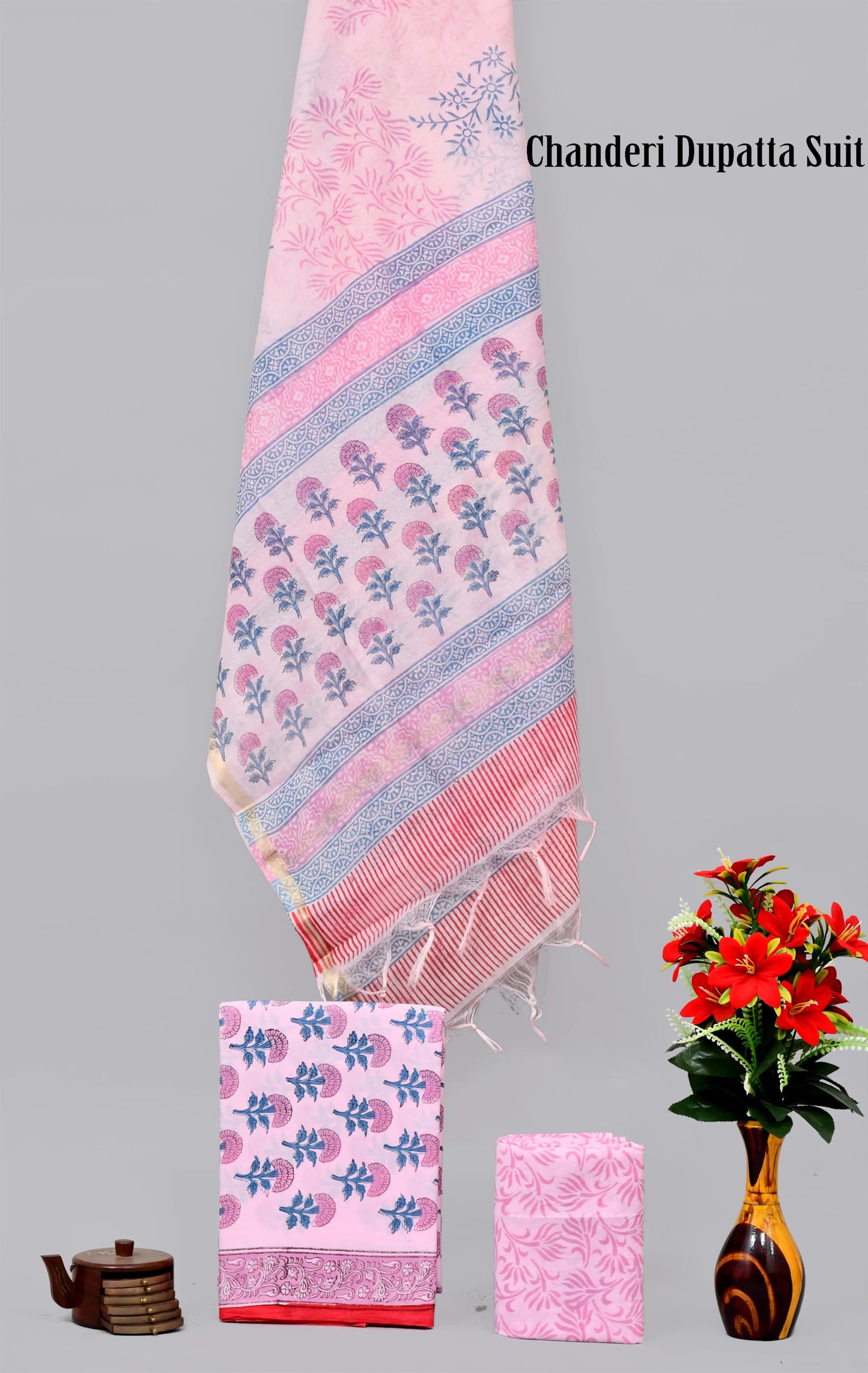 Handblock limited cotton suit with chanderi silk dupatta