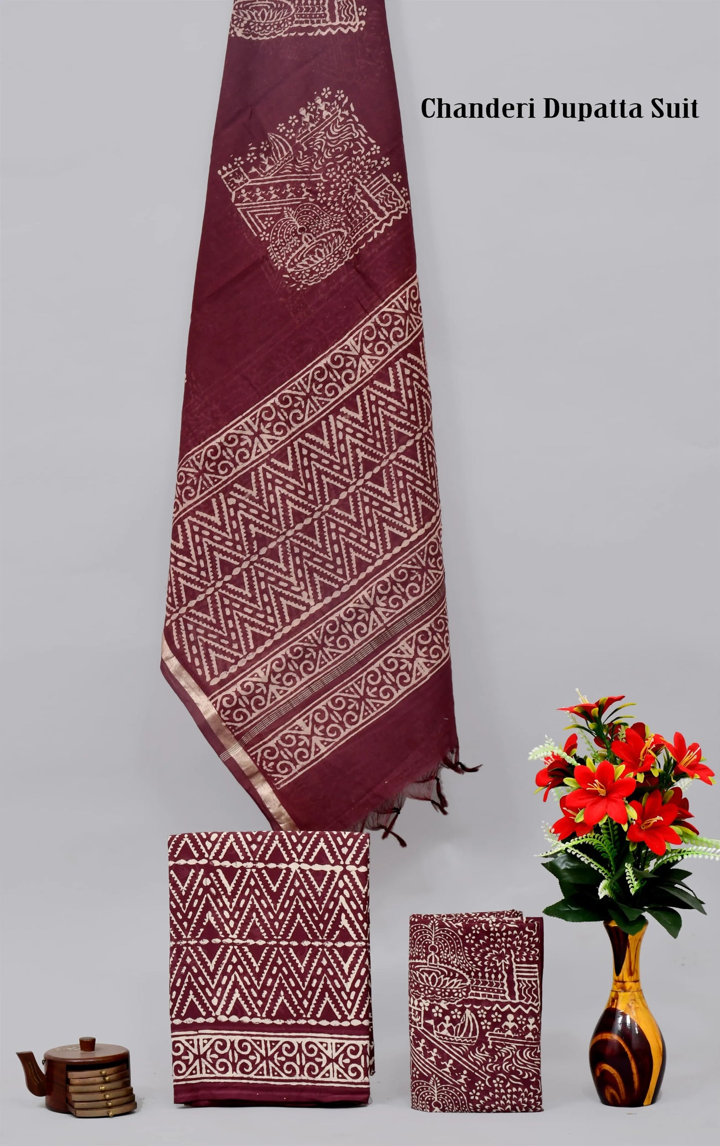 Handblock limited cotton suit with chanderi silk dupatta