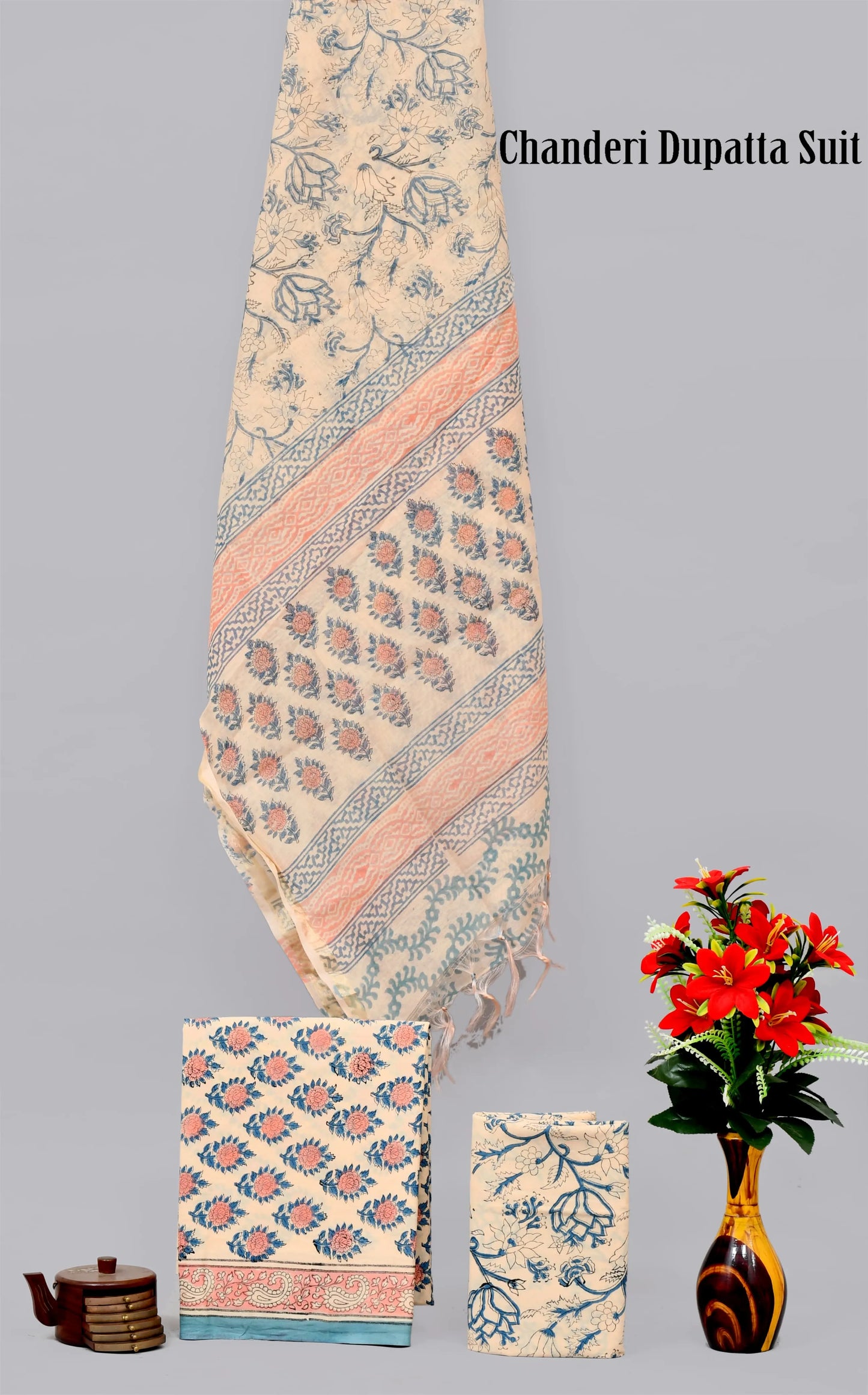 Handblock limited cotton suit with chanderi silk dupatta
