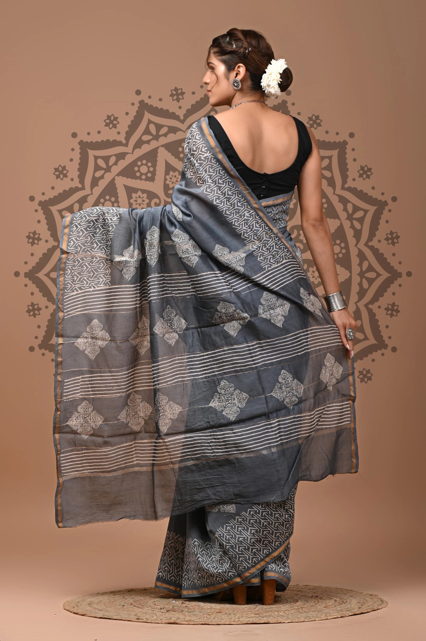 hand block printed pure Chanderi Silk Saree