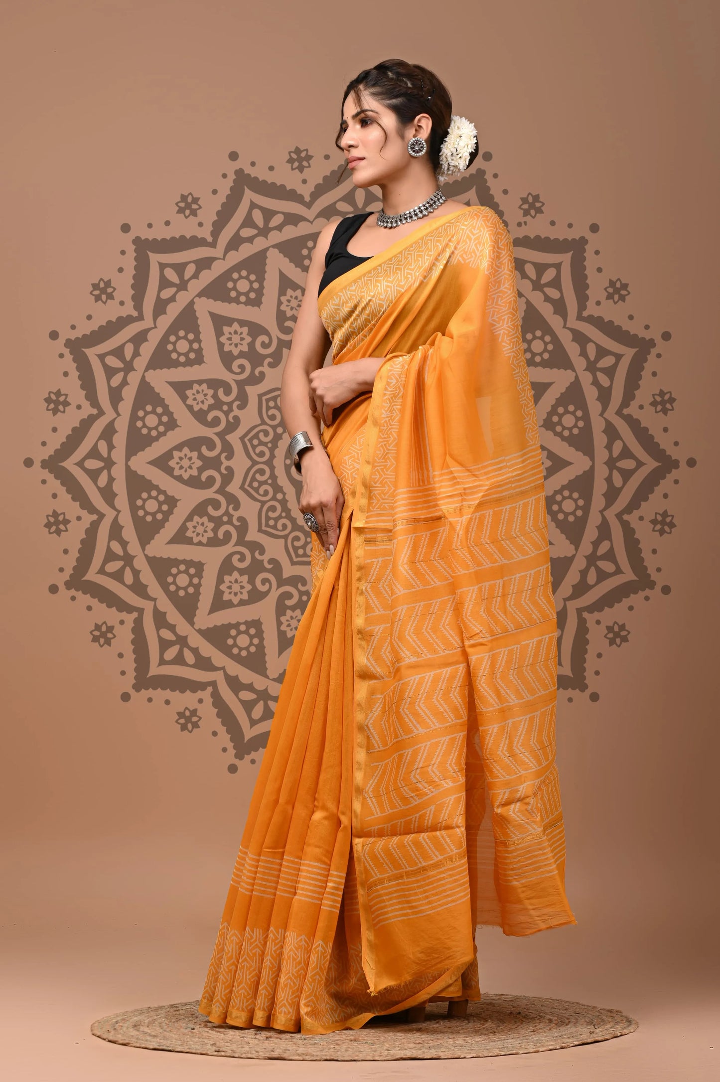 hand block printed pure Chanderi Silk Saree