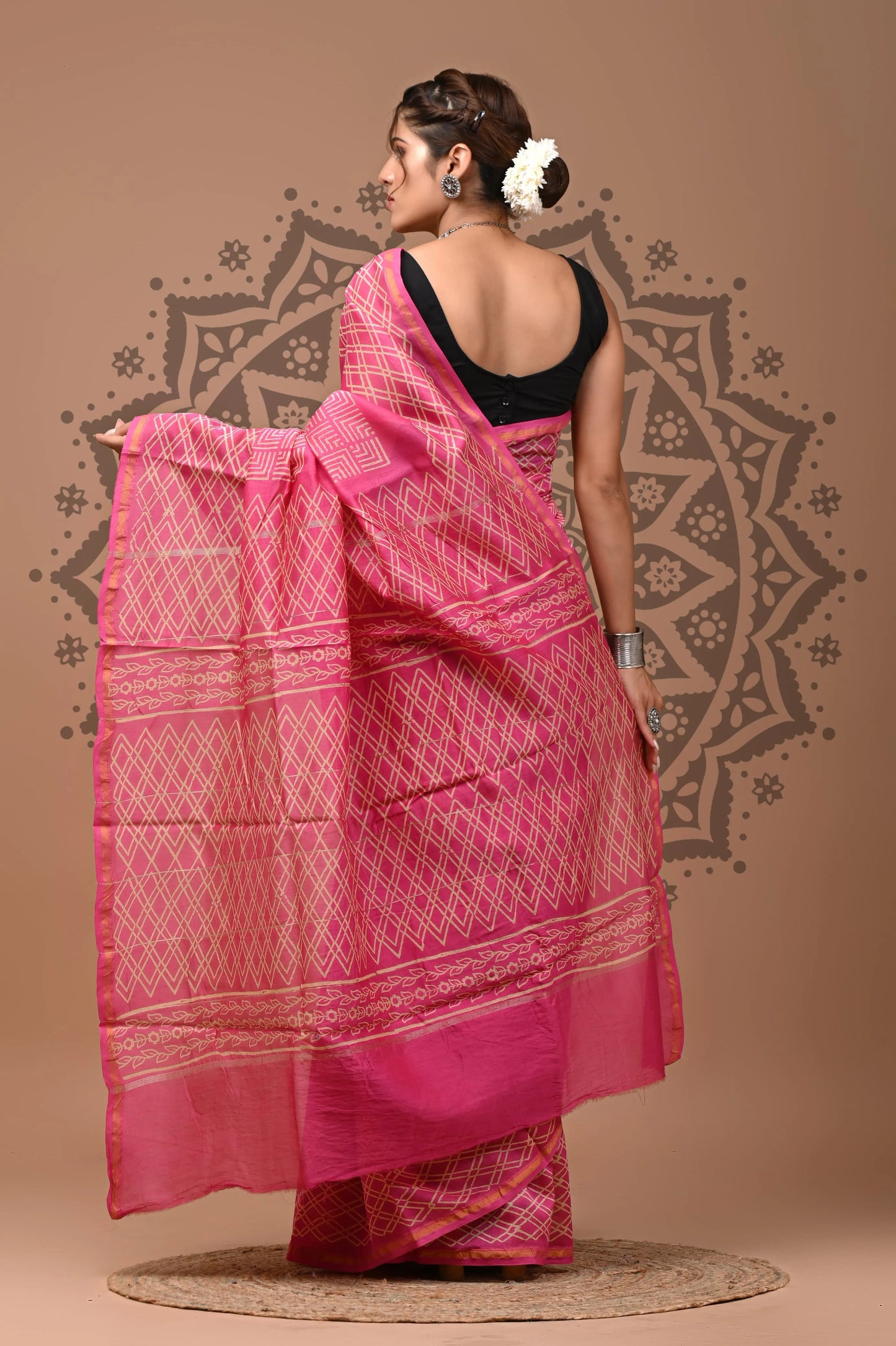 hand block printed pure Chanderi Silk Saree