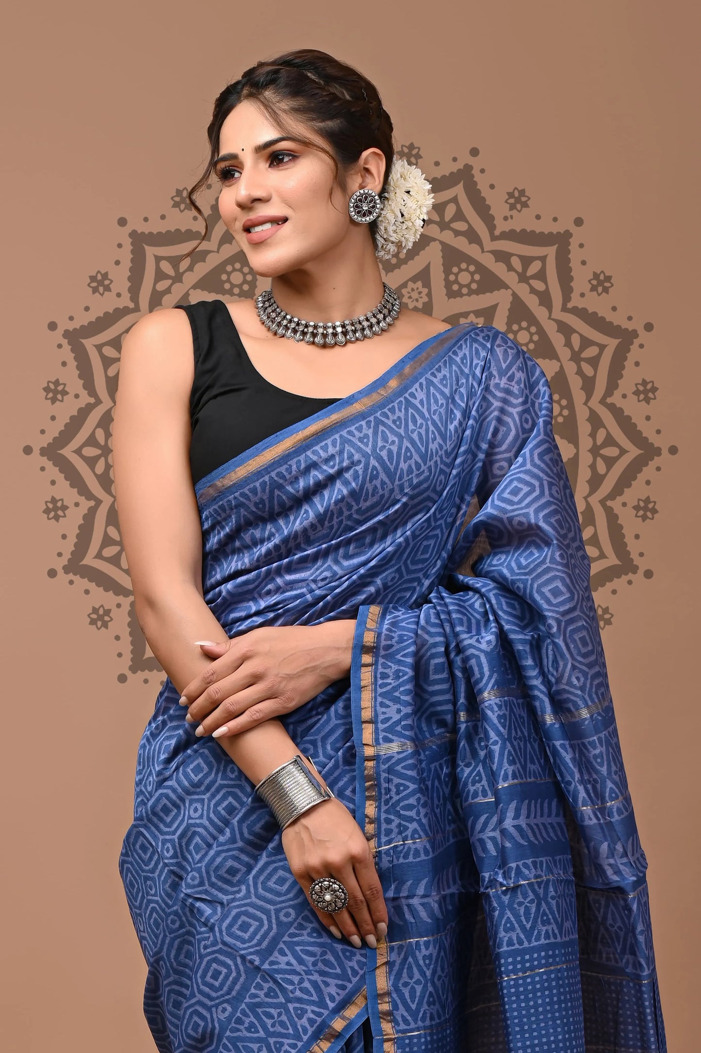 hand block printed pure Chanderi Silk Saree