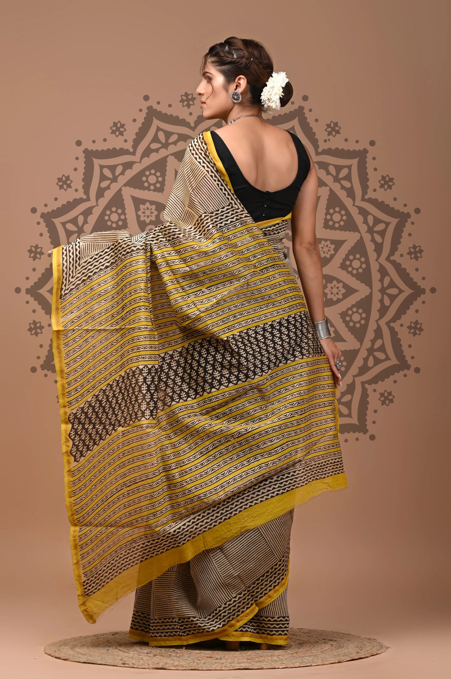 hand block printed pure Chanderi Silk Saree