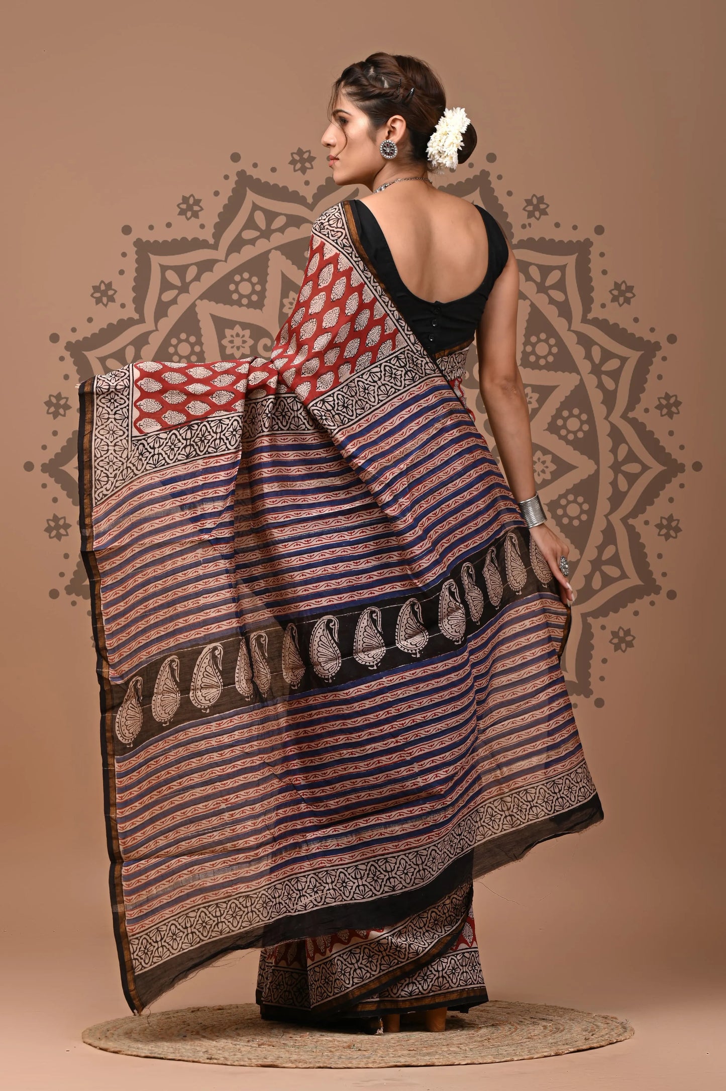 hand block printed pure Chanderi Silk Saree