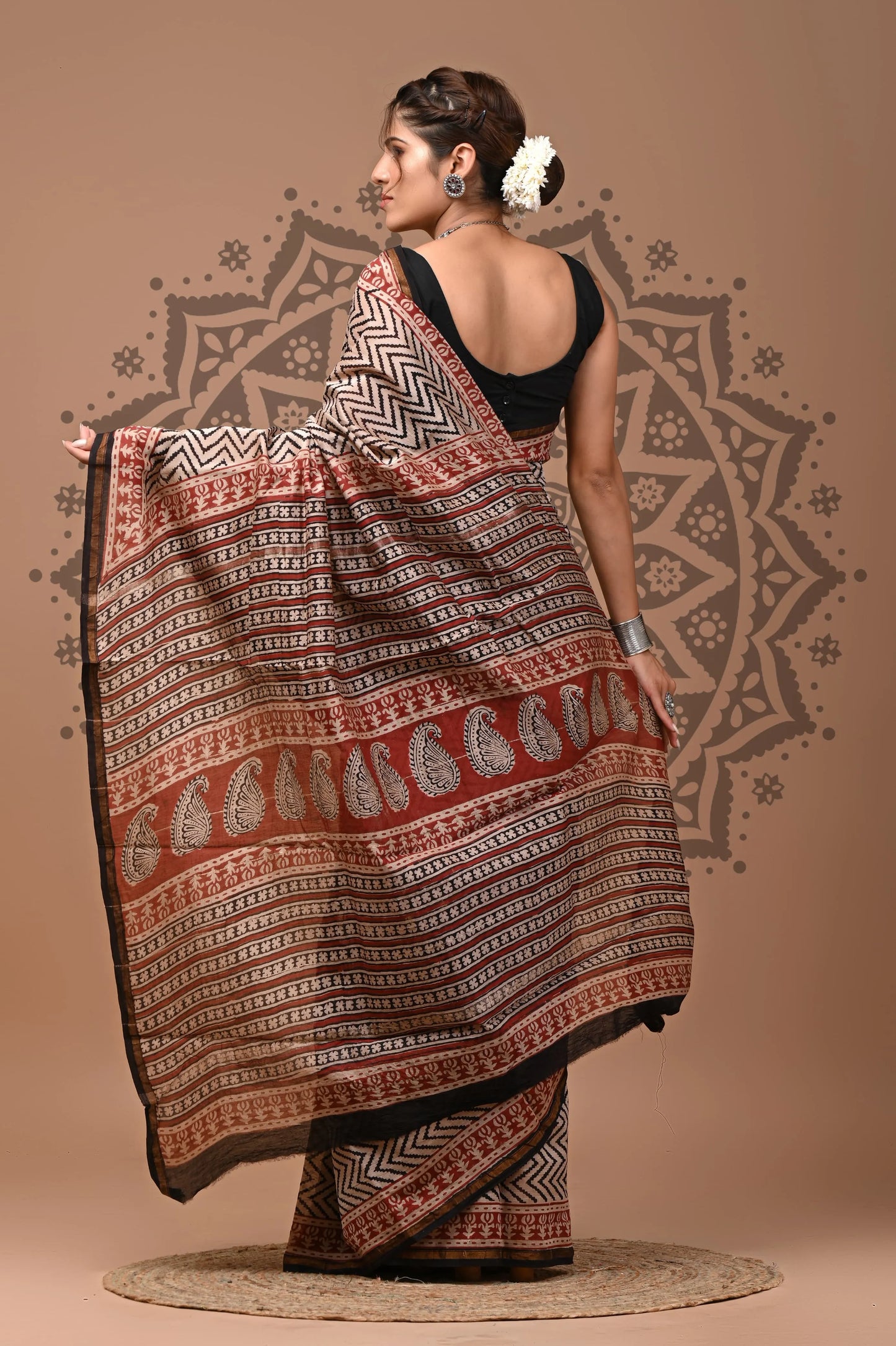 hand block printed pure Chanderi Silk Saree