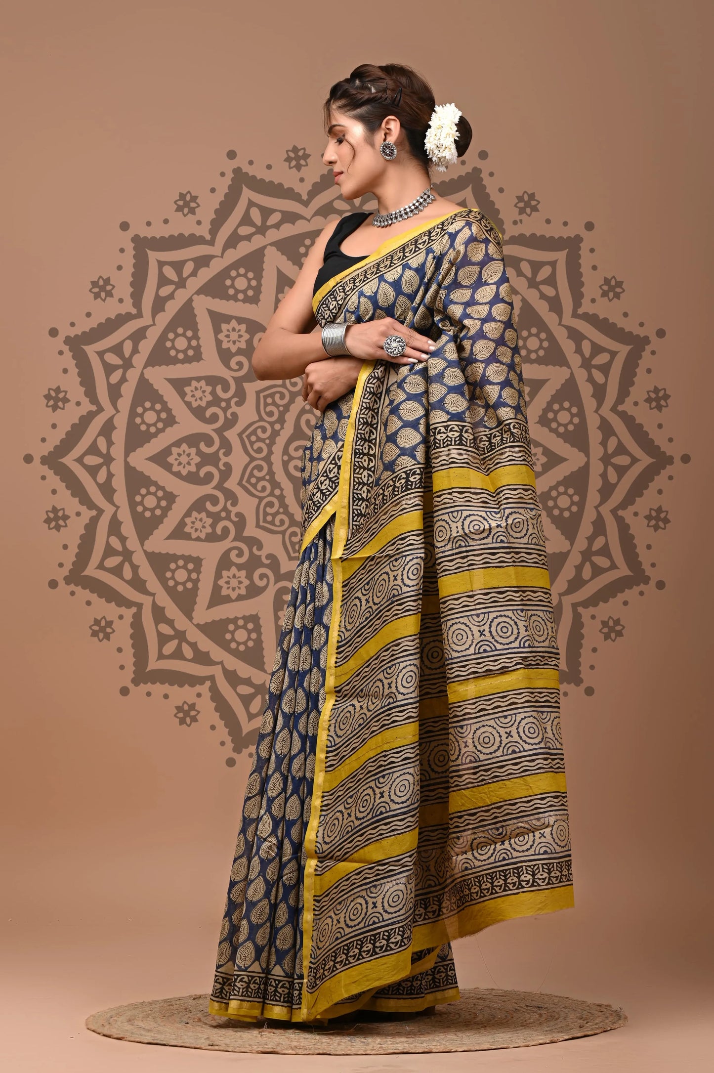 hand block printed pure Chanderi Silk Saree