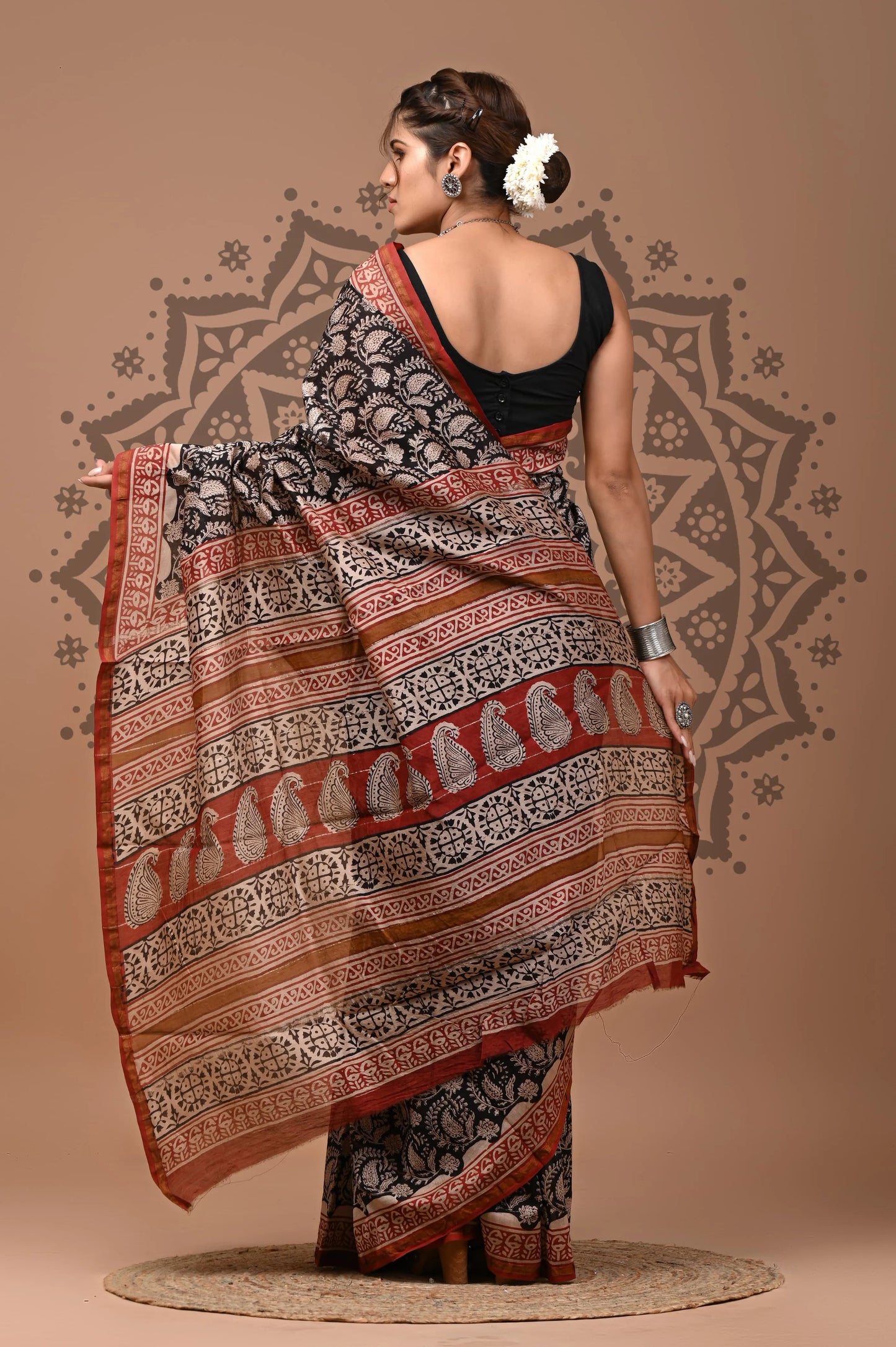 hand block printed pure Chanderi Silk Saree