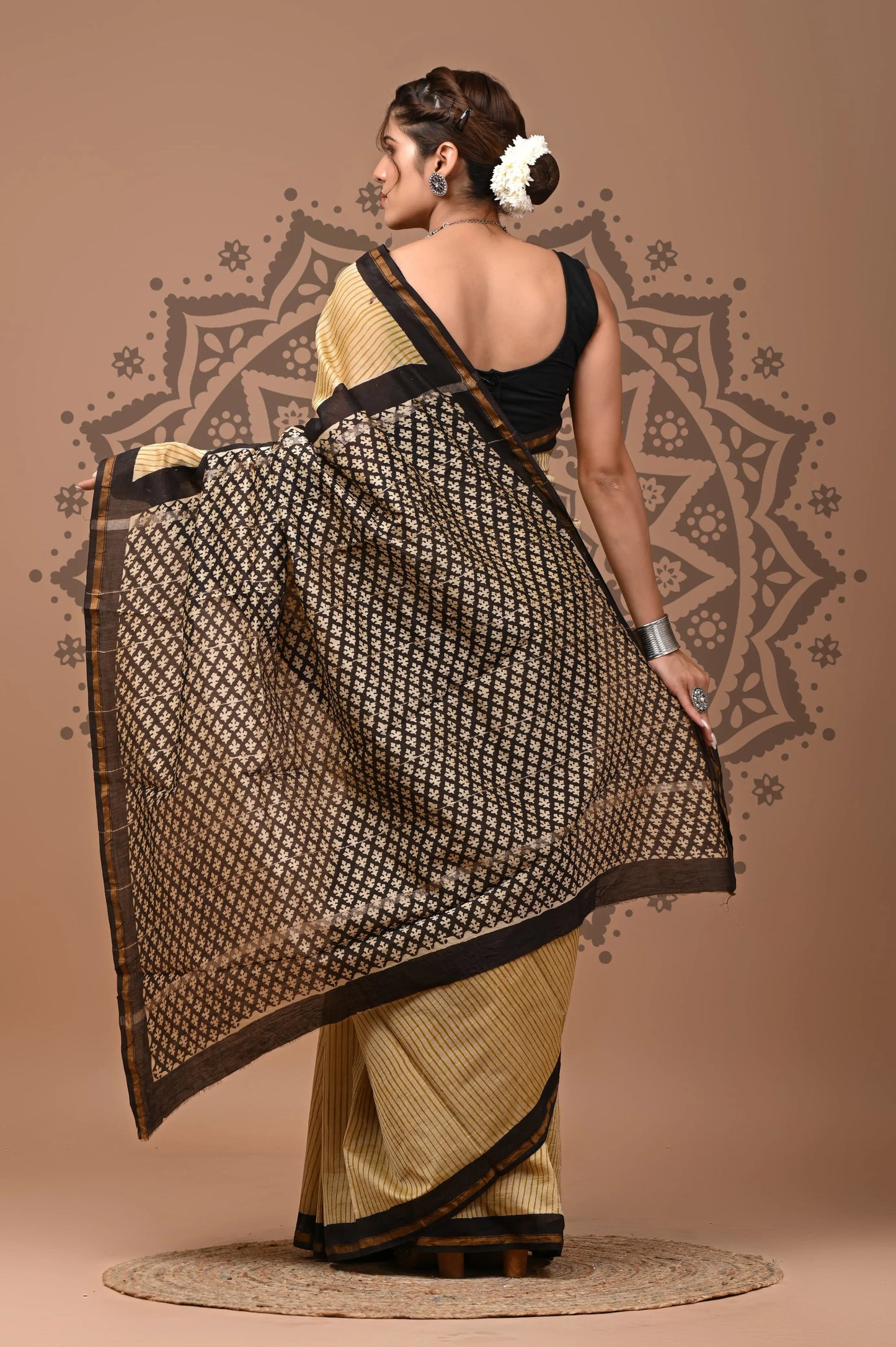 hand block printed pure Chanderi Silk Saree