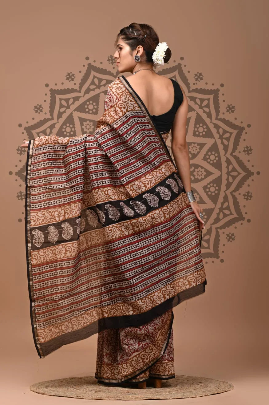 hand block printed pure Chanderi Silk Saree