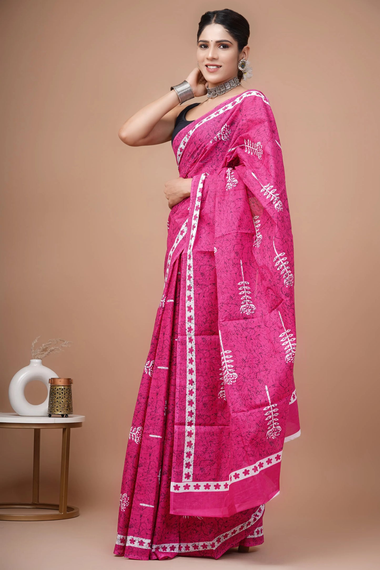 Hand block printed cotton mul-mul saree