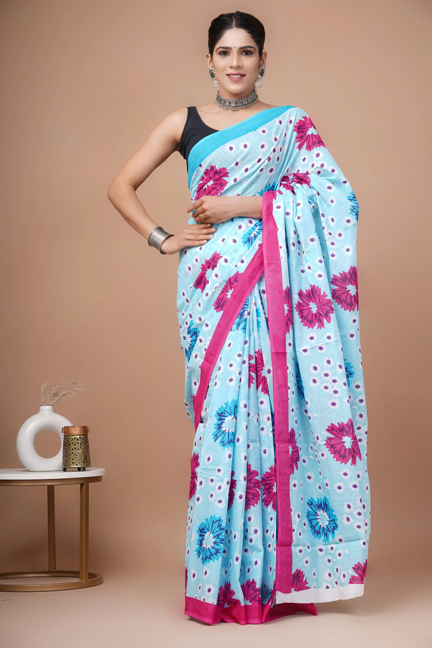 Hand block printed cotton mul-mul saree