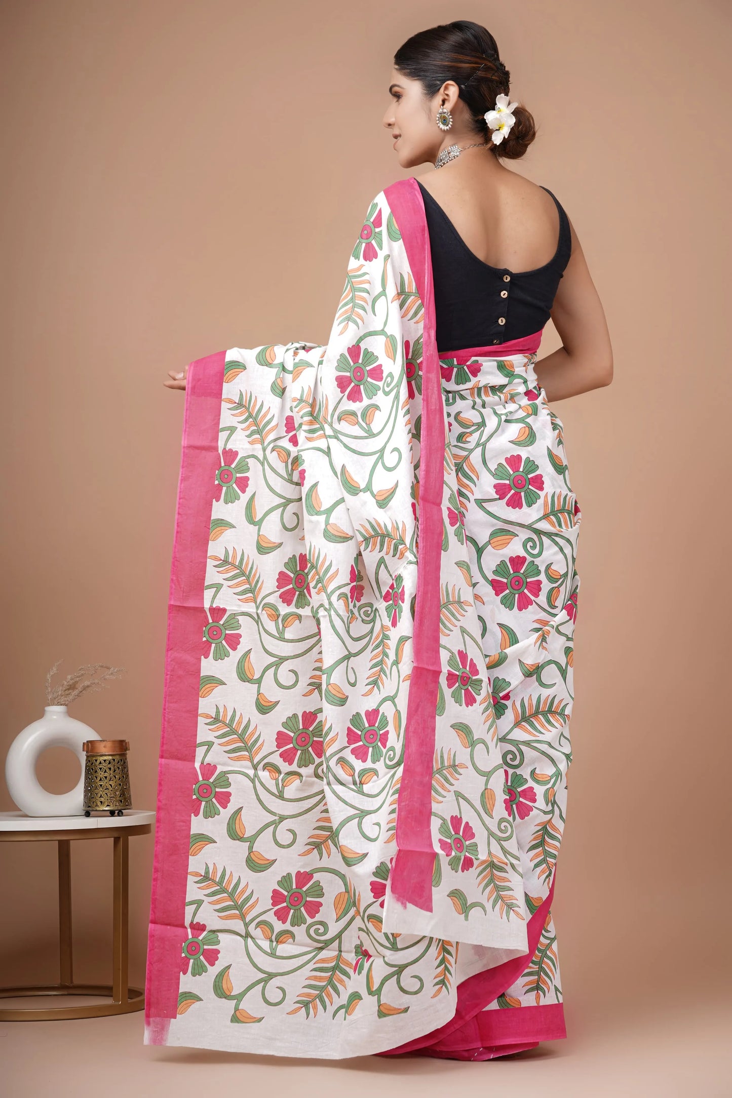Hand block printed cotton mul-mul saree