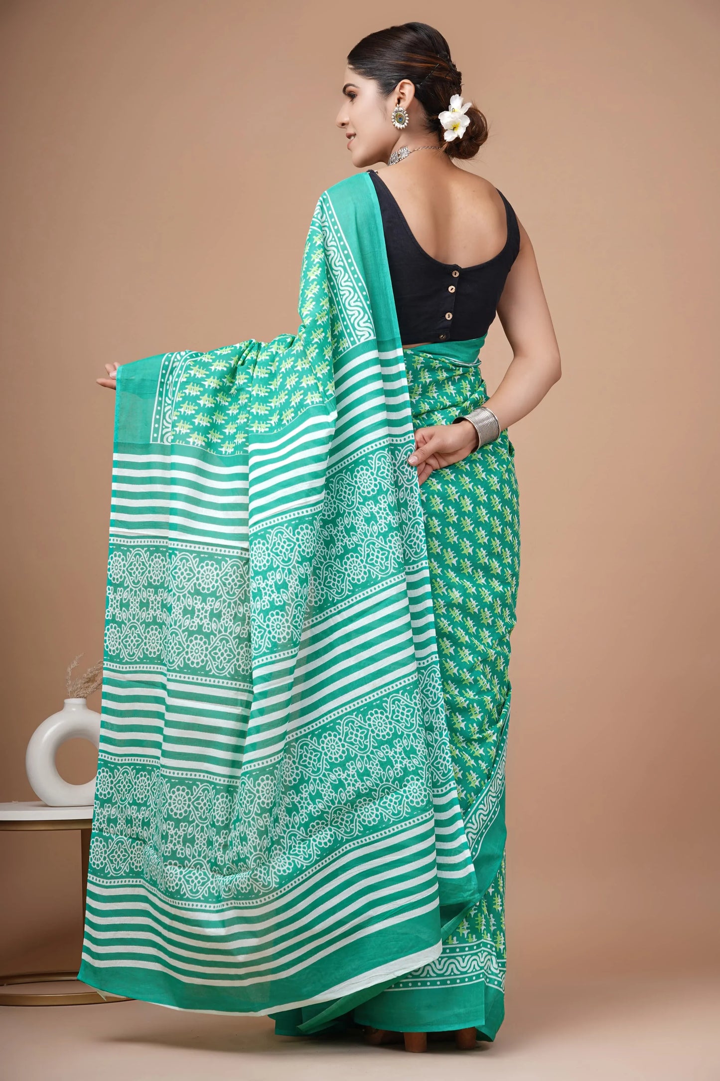 Hand block printed cotton mul-mul saree