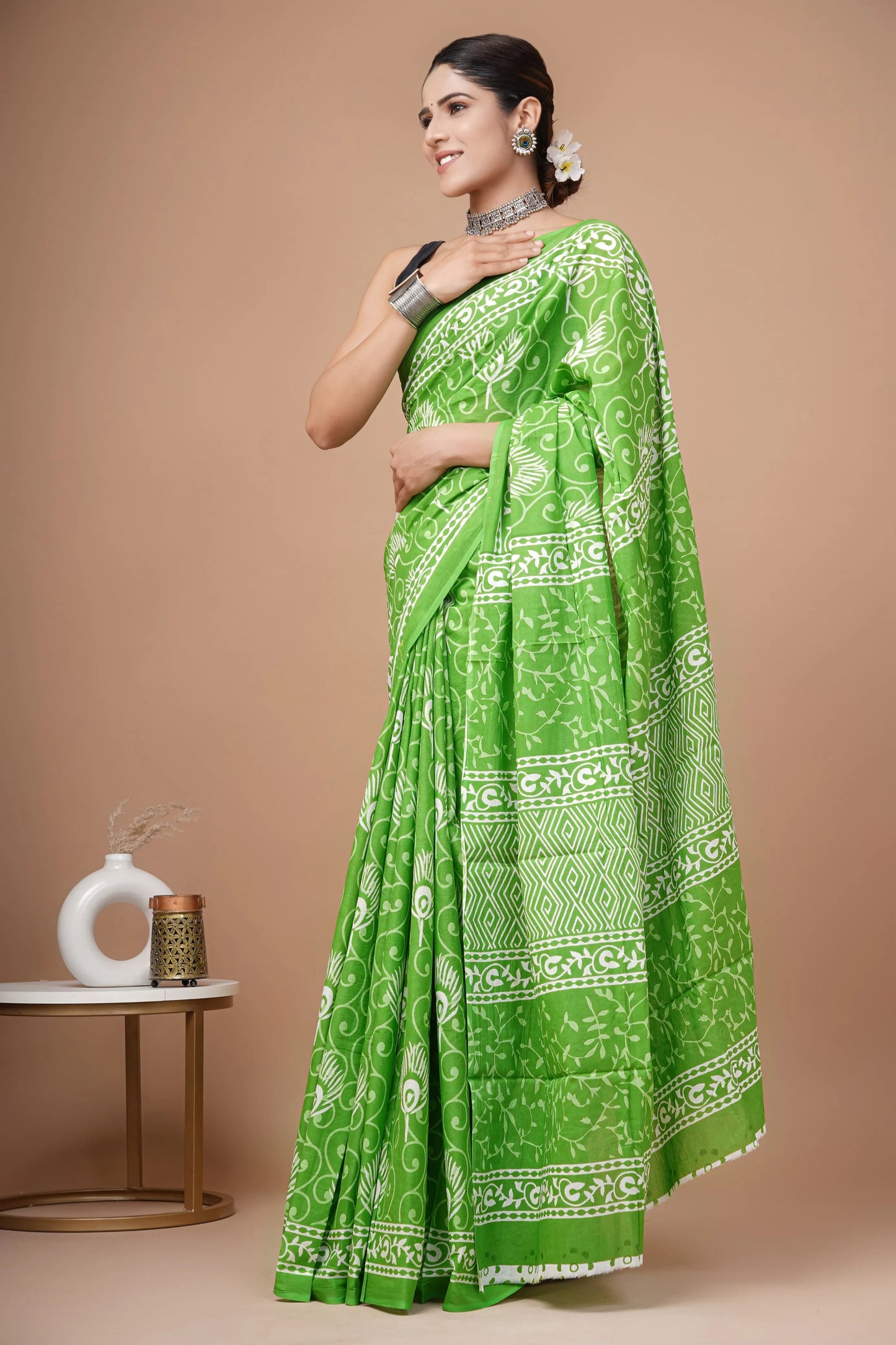 Hand block printed cotton mul-mul saree