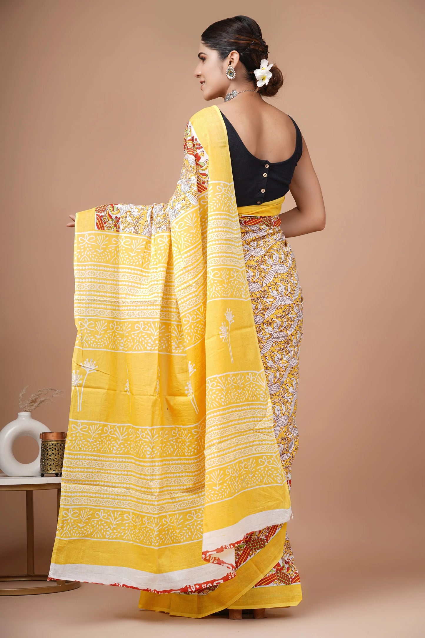 Hand block printed cotton mul-mul saree