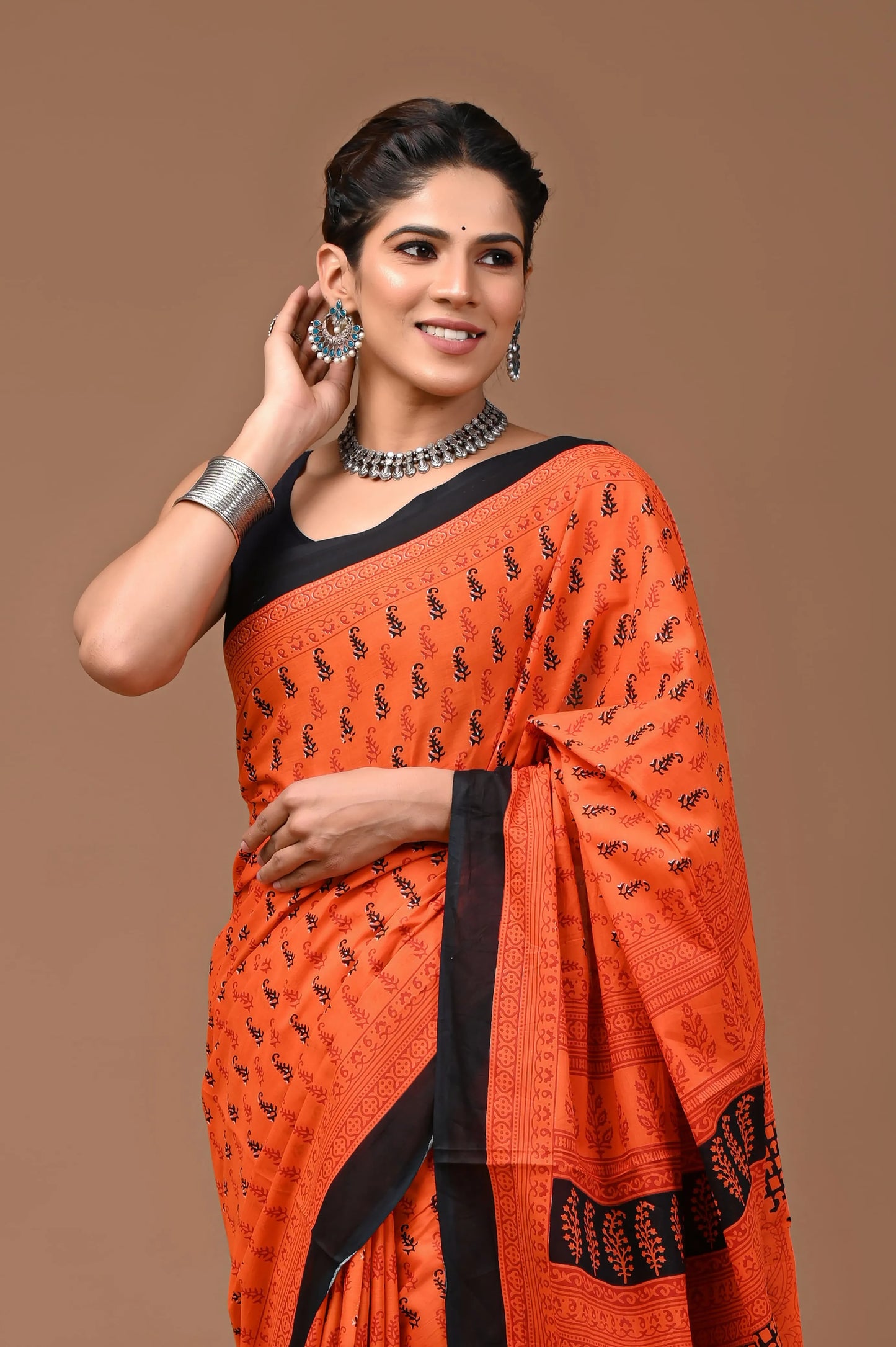 Hand block printed cotton mul-mul saree