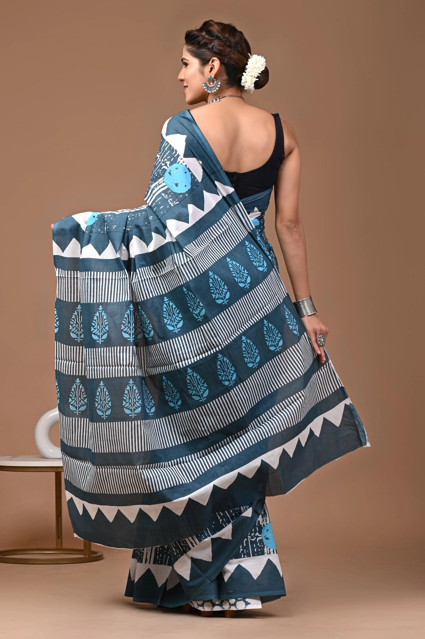 Hand block printed cotton mul-mul saree