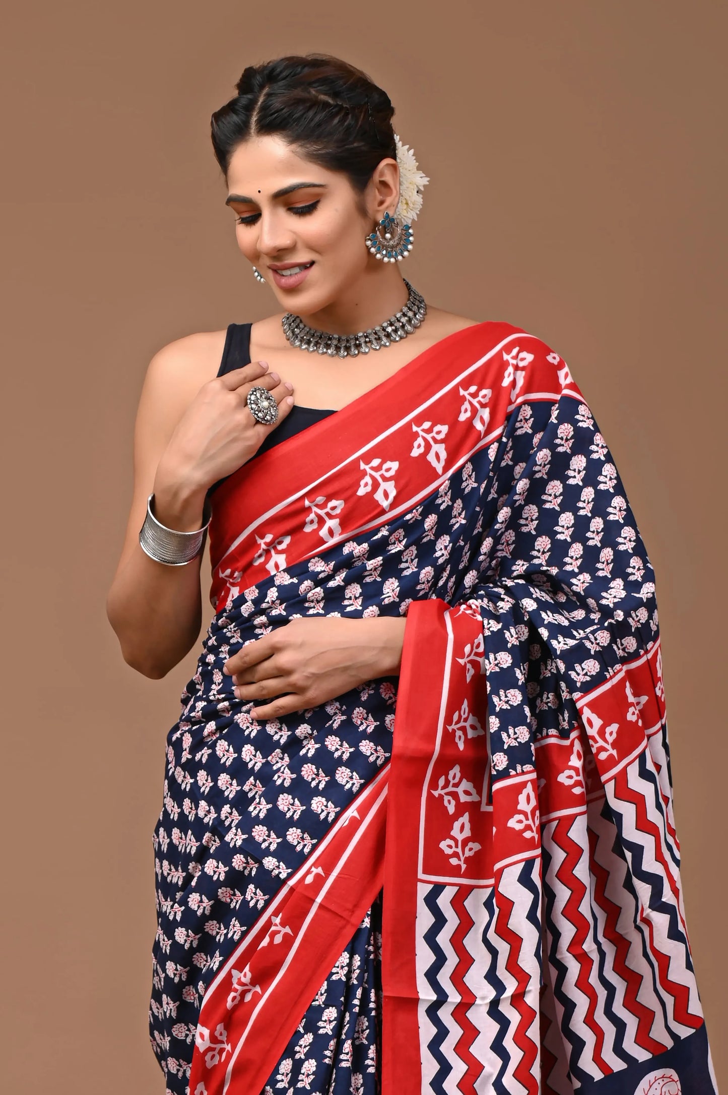 Hand block printed cotton mul-mul saree