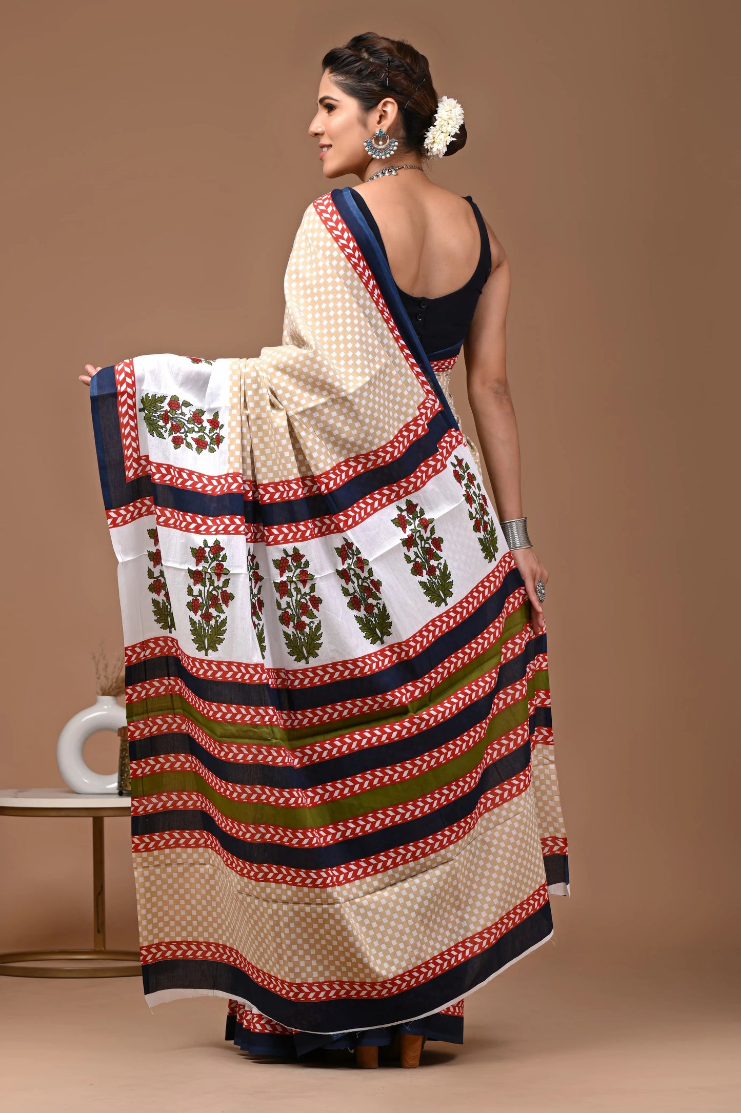 Hand block printed cotton mul-mul saree