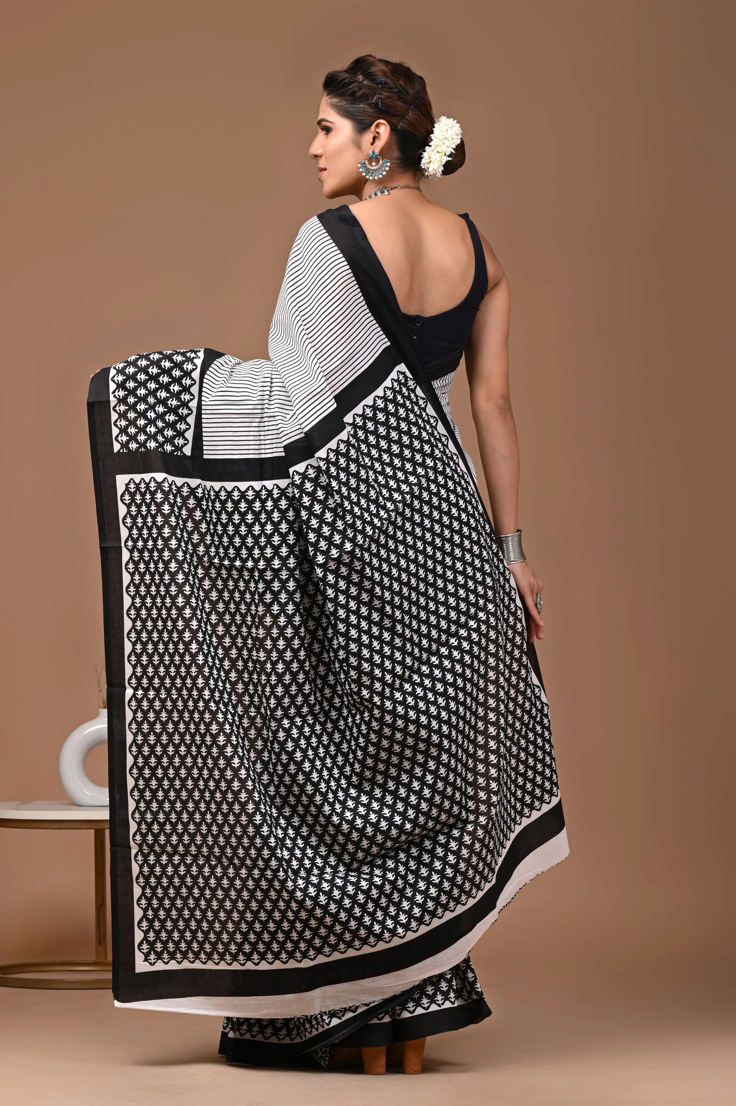 Hand block printed cotton mul-mul saree