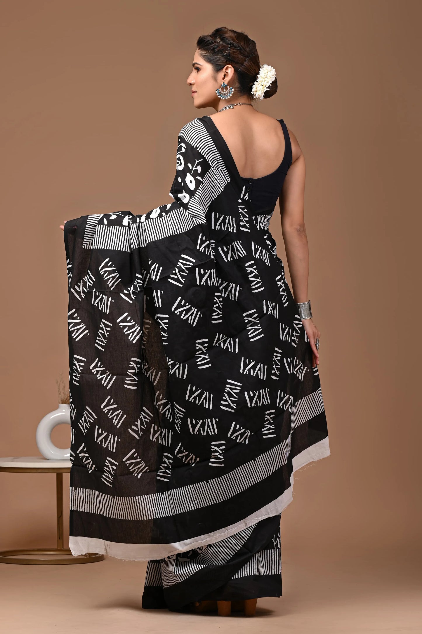 Hand block printed cotton mul-mul saree