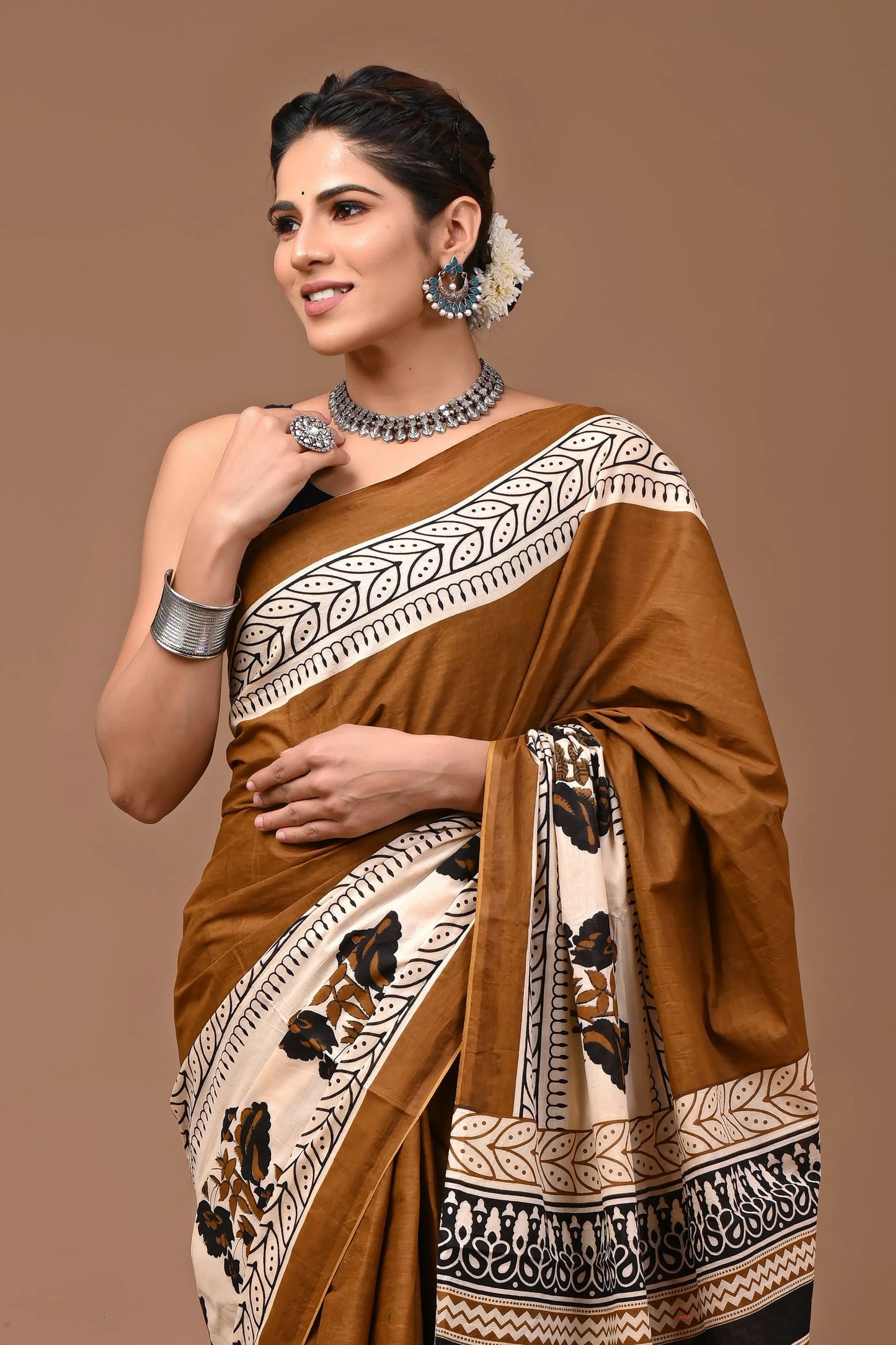 Hand block printed cotton mul-mul saree