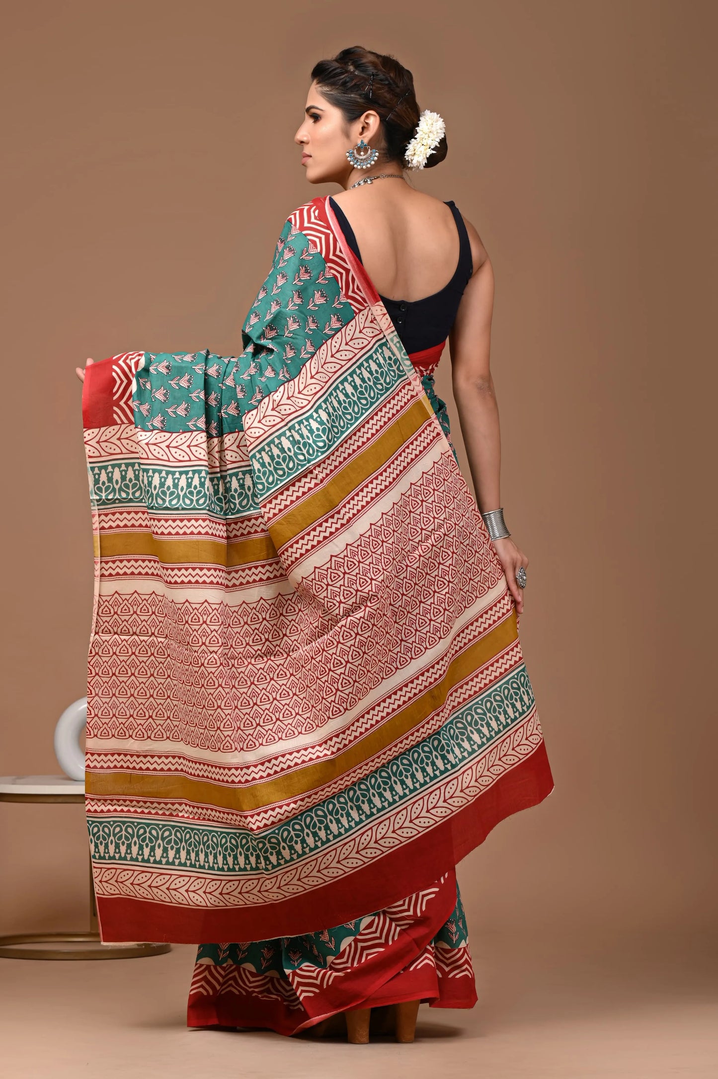 Hand block printed cotton mul-mul saree