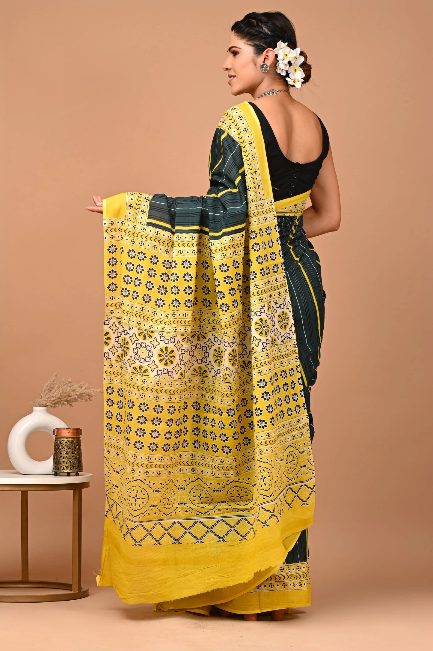 Hand block printed cotton mul-mul saree