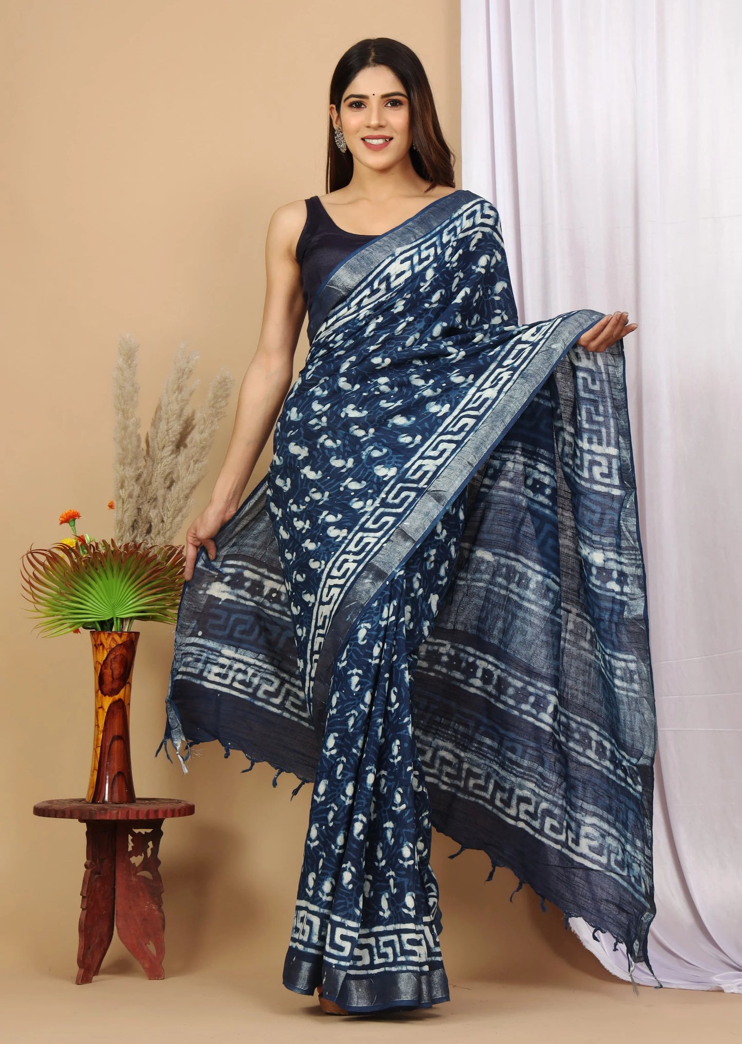 Linen Cotton Hand-Block Printed Saree