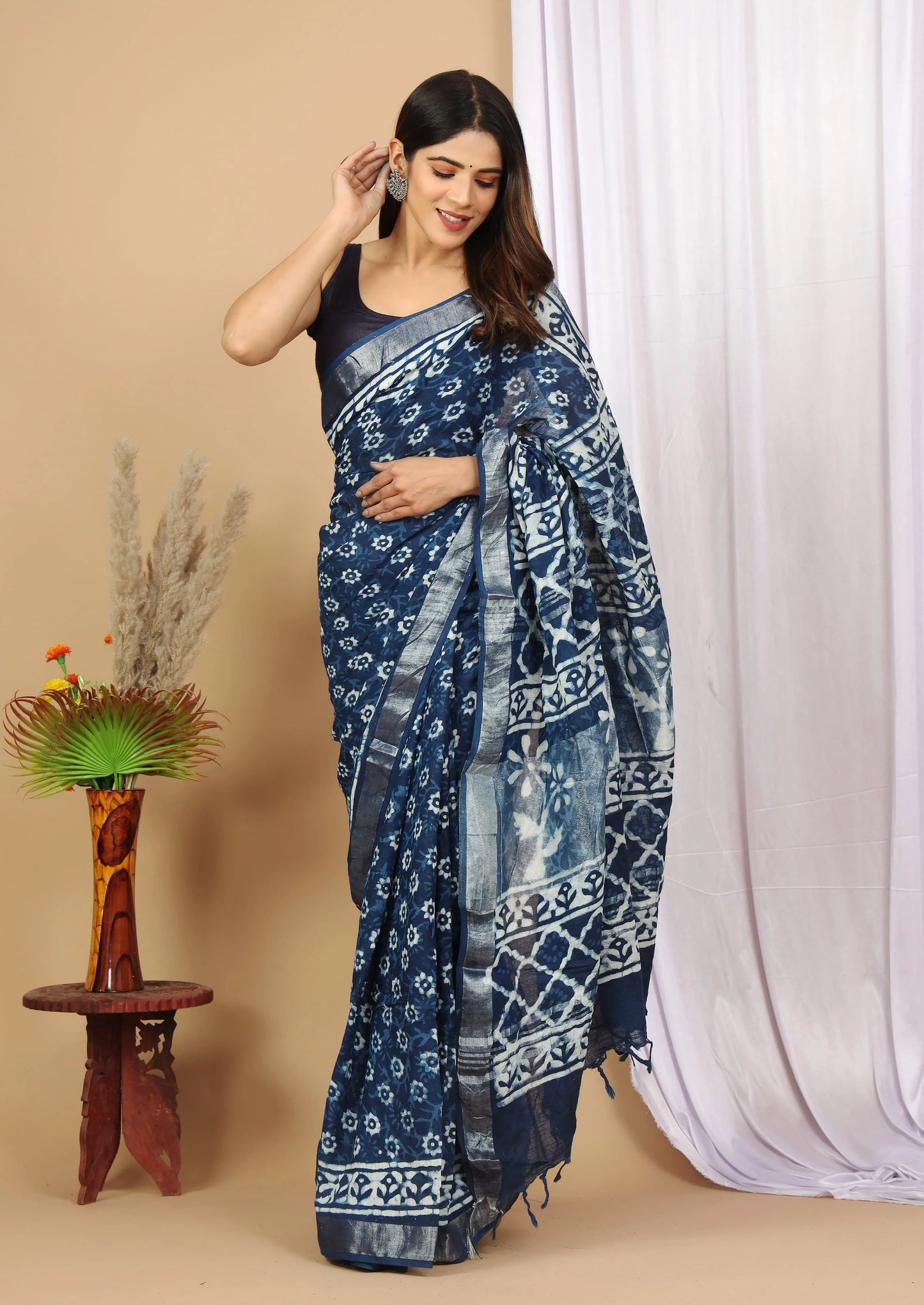 Linen Cotton Hand-Block Printed Saree