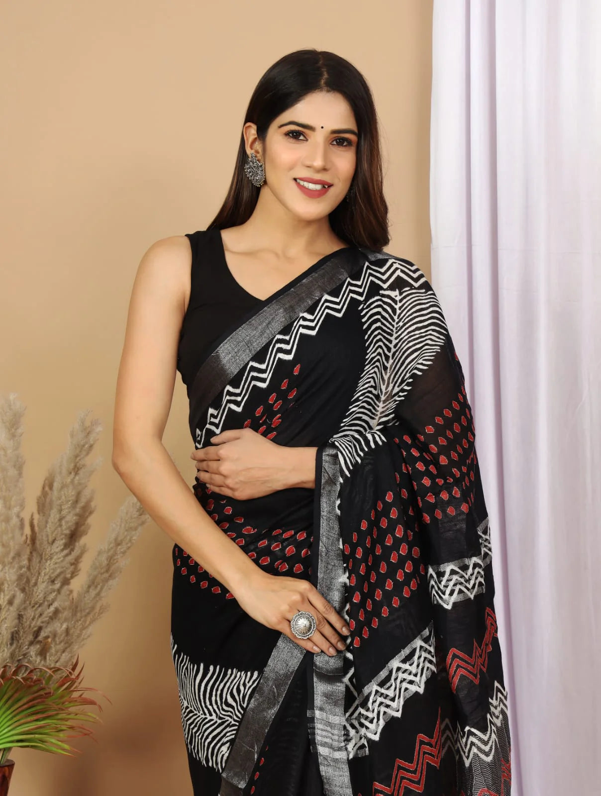 Linen Cotton Hand-Block Printed Saree