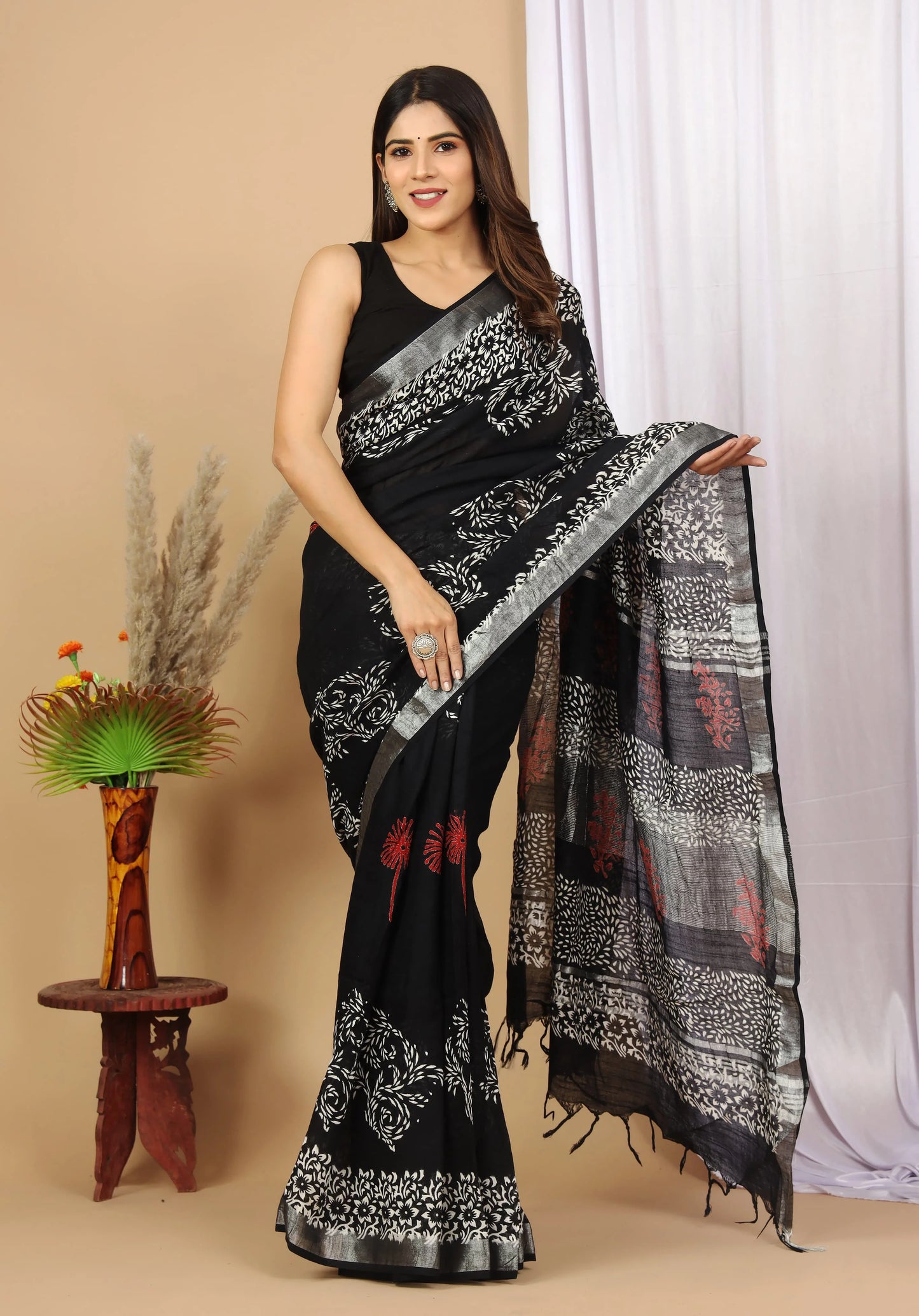 Linen Cotton Hand-Block Printed Saree