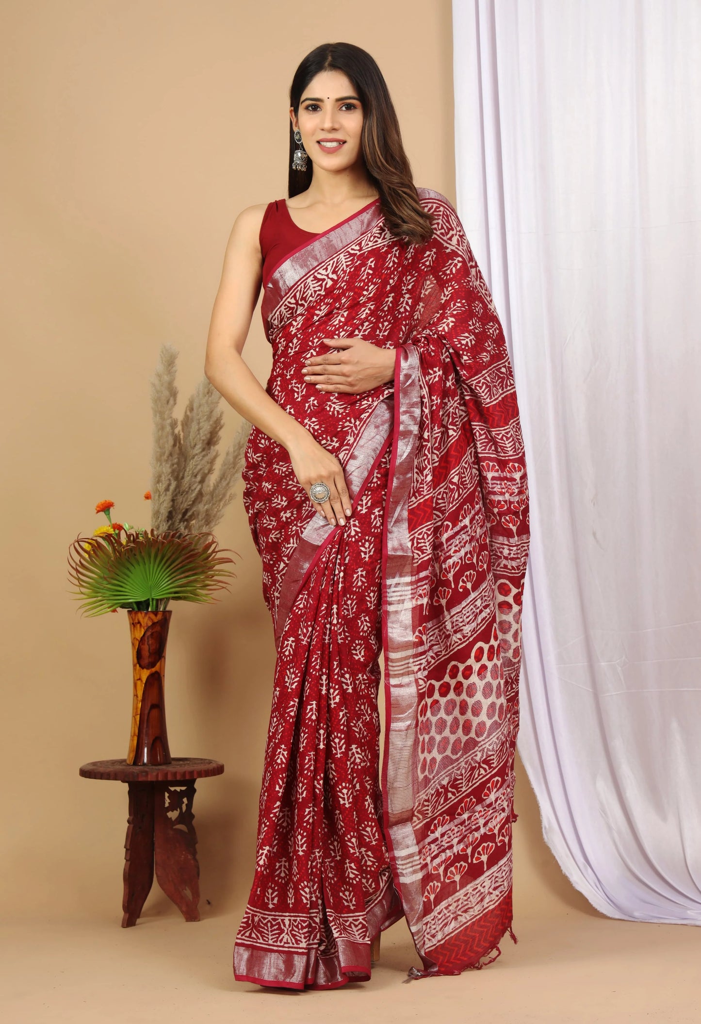 Linen Cotton Hand-Block Printed Saree
